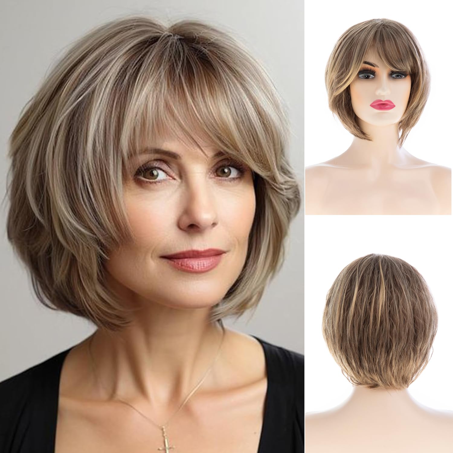 Baruisi Women Light Brown Wig Short Bob Wig with Bangs Synthetic Modern Cosplay Hair Wig