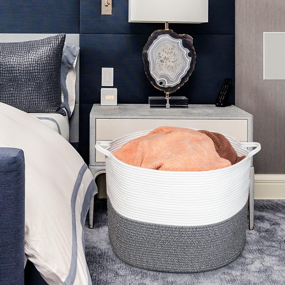Annecy XXLarge Cotton Rope Basket, 21x13 Inches Blanket & Laundry Basket with Handle for Toys, Towels, Pillows & Blankets, White & Grey