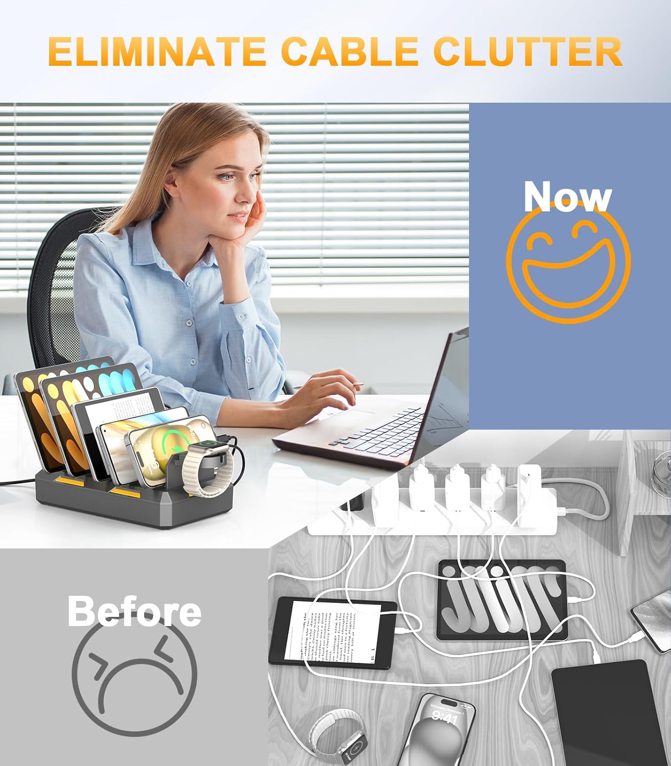 CREATIVE DESIGN Charging Station for Multiple Devices Apple,50W USB Multi Charging Station for iPhone,iPad,Cell Phone,Android,iPad,Tablet,Kindle and More,with 6 Mixed Cables（Space Gray）