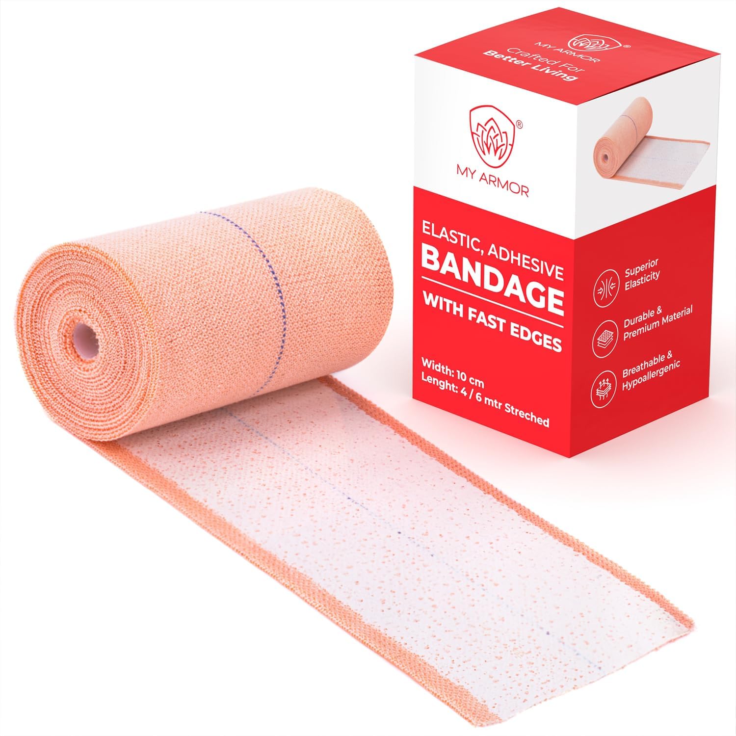 MY ARMOR Premium Elastic Adhesive Bandage for Support & Pain Relief, 10cm x 4mt,1 Piece