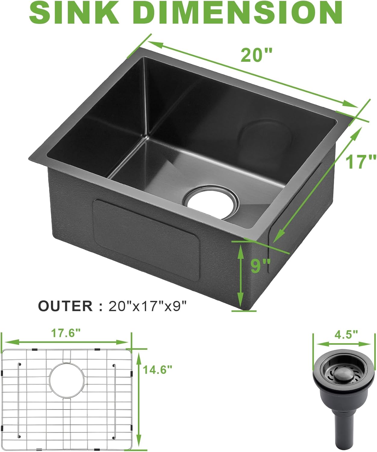 20x17x9 Undermount Kitchen Sink, Nano Black 304 Stainless Steel Deep Single Bowl Workstation with Efficient Drainage & Tarnish-Resistant Finish for Bar, Laundry, RV