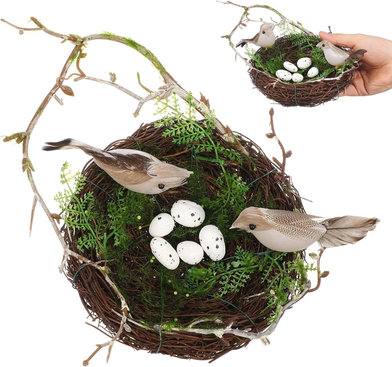 Toyvian Faux Bird Nest with Eggs for Crafts, Artificial Rattan Birds Nest for Easter Wedding Home Paty Christmas Tree Decoration (6. 3inch)