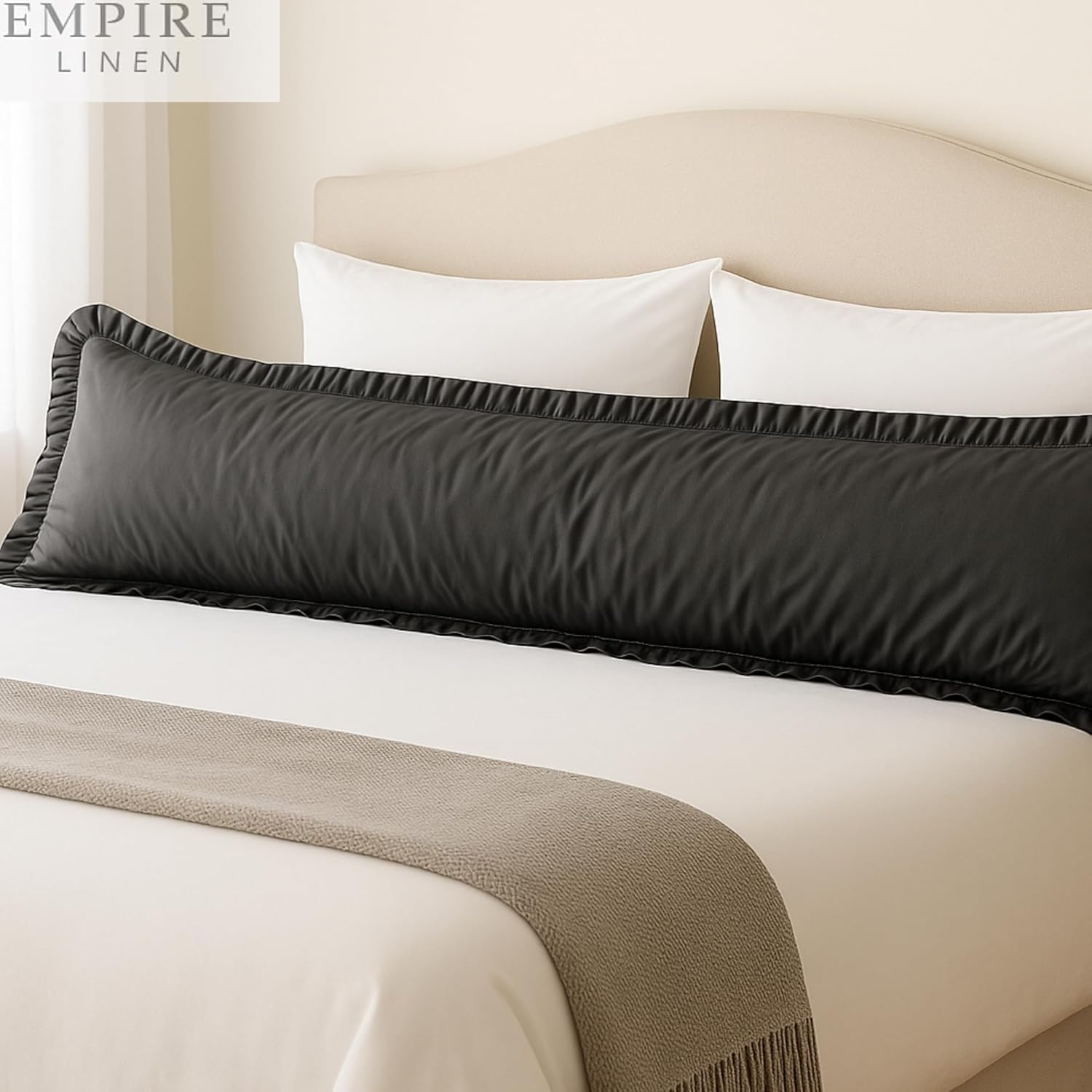 Empire Linen | Ruffled Body Pillowcase | Cotton Satin Weave | Soft and Breathable Pillow Cover with Hidden Zipper Closure | Decorative Body Pillow Sham with Single Layer Ruffles | Dark Grey, 20x72