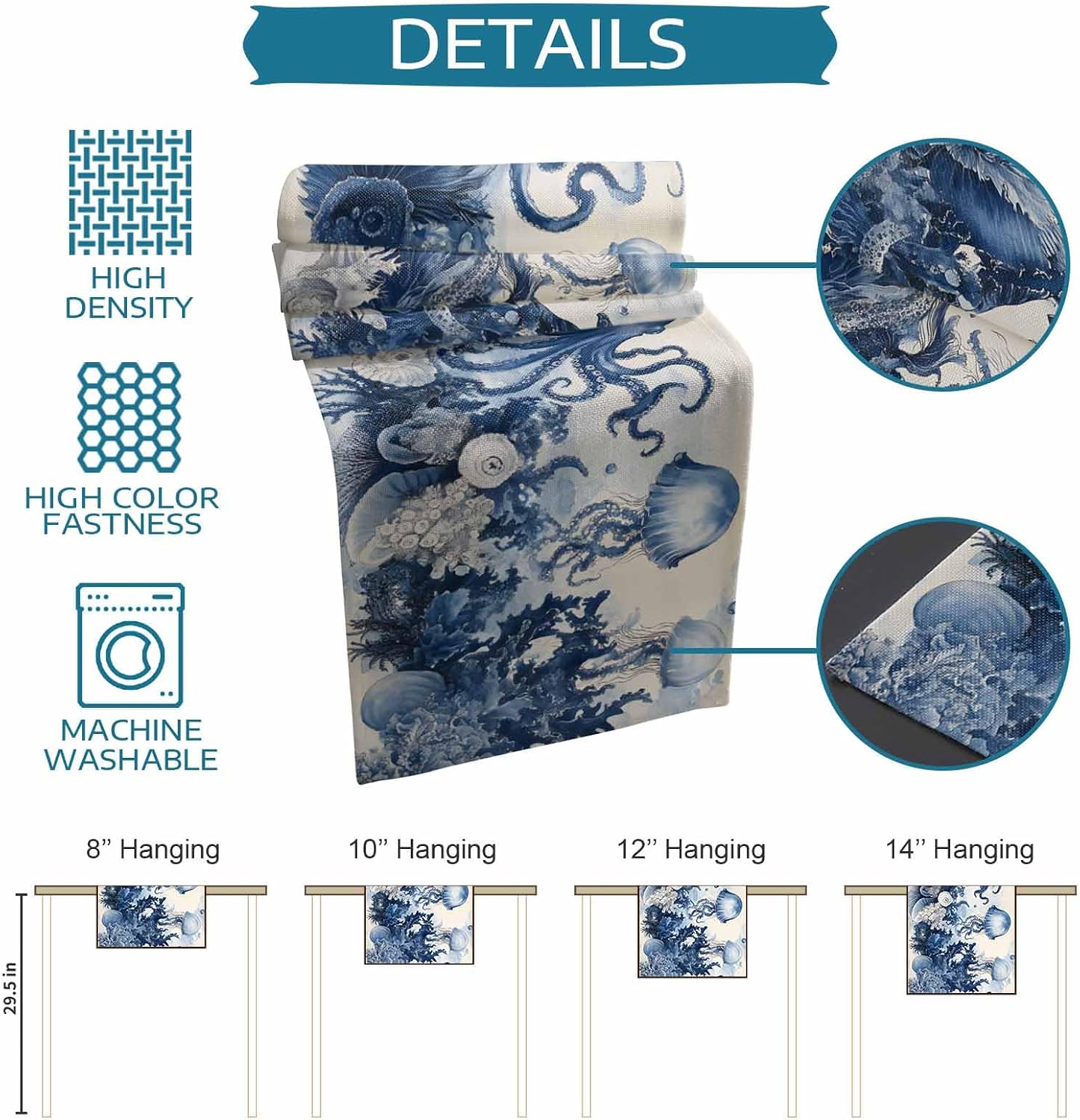 Navy Blue Octopus Table Runner 72 Inches Long for Dining Table Decor, Summer Beach Shell Coral Burlap Linen Farmhouse Coffee Tablerunner Washable Dresser Scarf for Kitchen Party Holiday