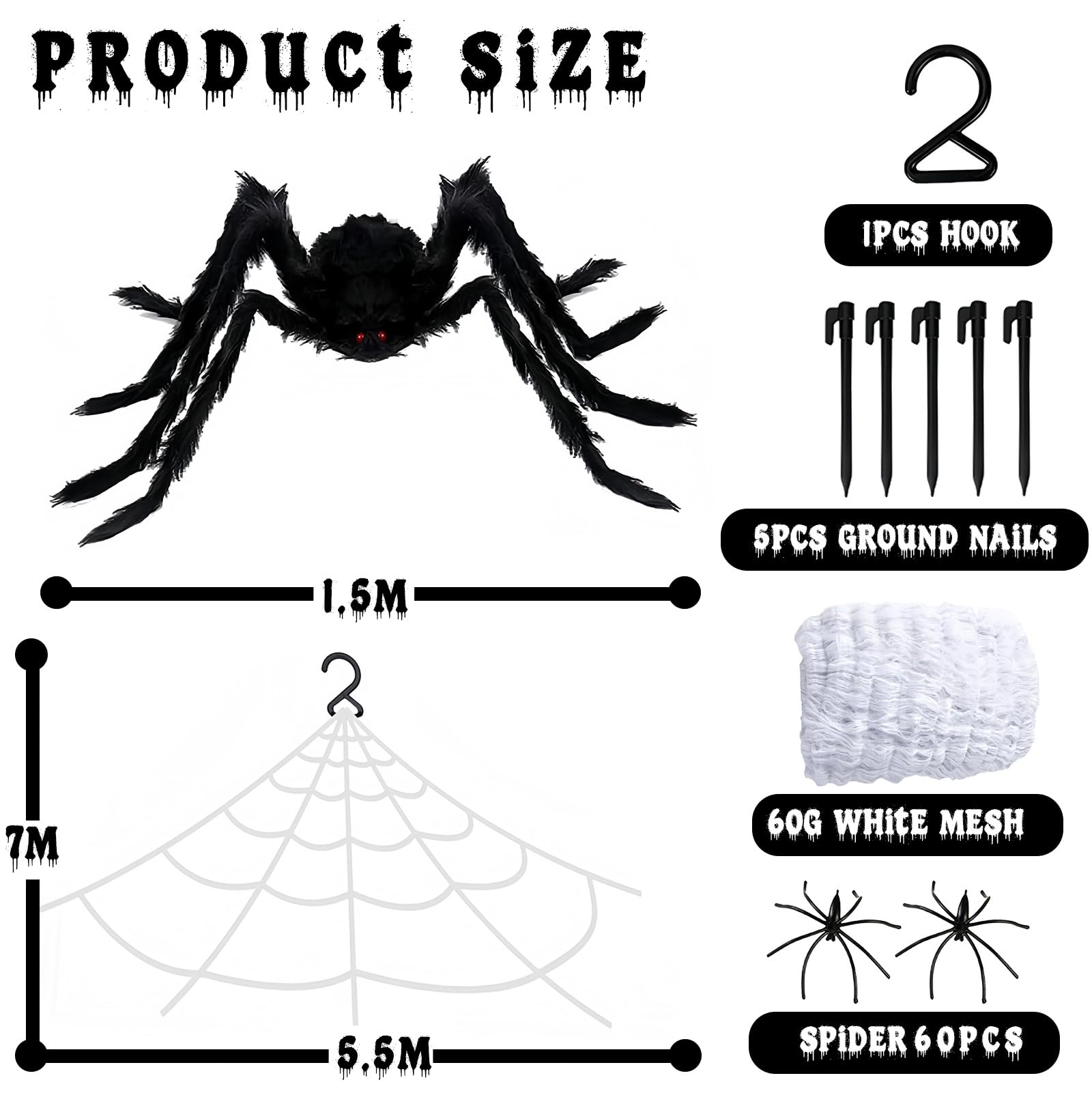 Giant Spider Halloween Decorations Outdoor Indoor,59" Black Giant Spider,275" Triangular Web,60g Stretch Spider Webs,60 Small Plastic Spiders for Halloween Party Props Garden Porch Haunted House Decor - Image 2