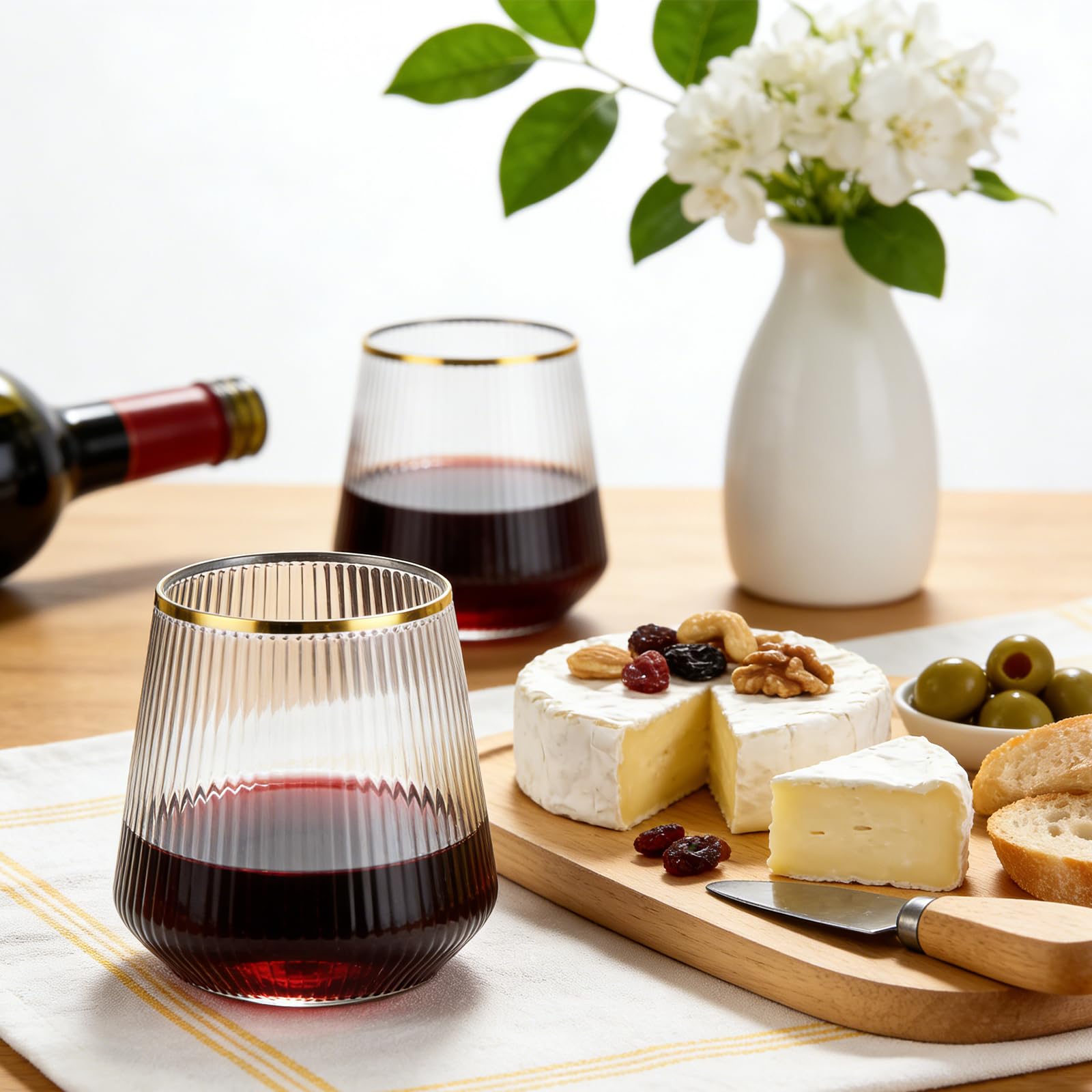 Lot de 24 verres à vin en plastique nervuré réutilisables sans pied – 350 ml – Verres en plastique réutilisables pour fête, mariage, pique-nique en plein air