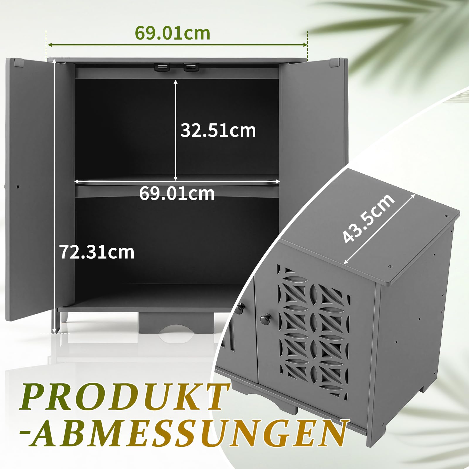 Gartenschrank wetterfest Outdoor, 69 x 43,5 x 73 cm, Hochwertiges PVC-Material, Leicht zu pflegen und zu reinigen, Geeignet für den Innen- und Außenbereich, Grau
