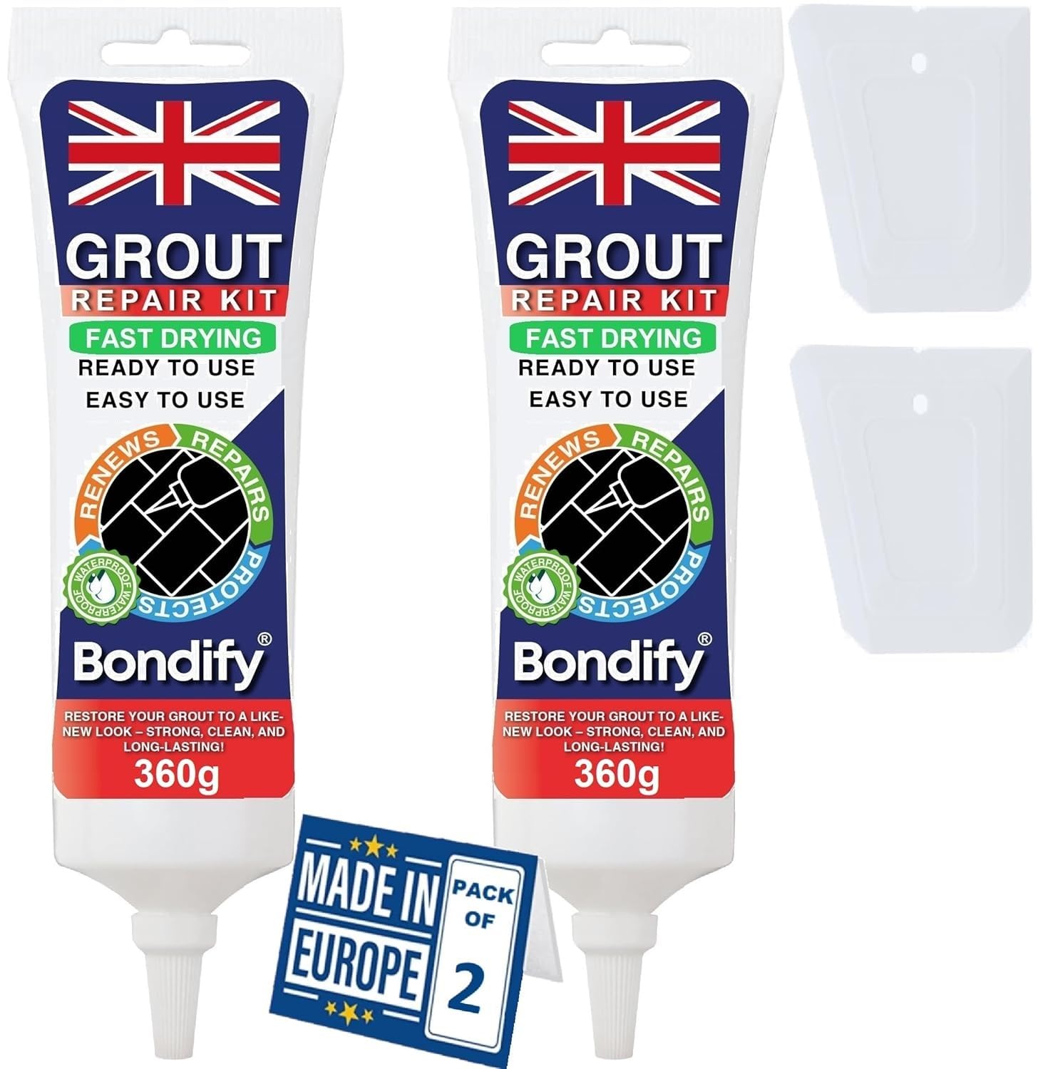 Kit Riparazione Fughe Piastrelle Bianco, Asciugatura Rapida 360g x 2 ANTI-MUFFA Tubetto Stucco per Piastrelle Bagno & Doccia Grout Repair Kit, Stucco per Fughe Pavimento, Sigillante per Malta