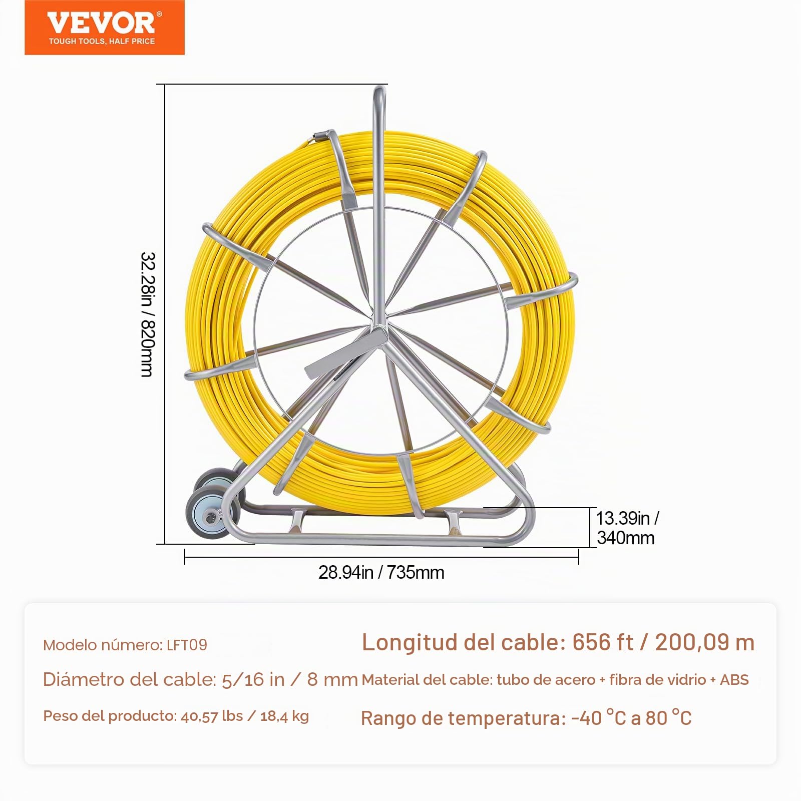 VEVOR Cinta de Pescado de Fibra de Vidrio de 200,09m Diámetro de 7,94mm Extractor de Cables con Varilla para Pasar Cables, Soporte de Carrete de Acero, 3 Cabezales de Extracción, Herramientas de Pesca