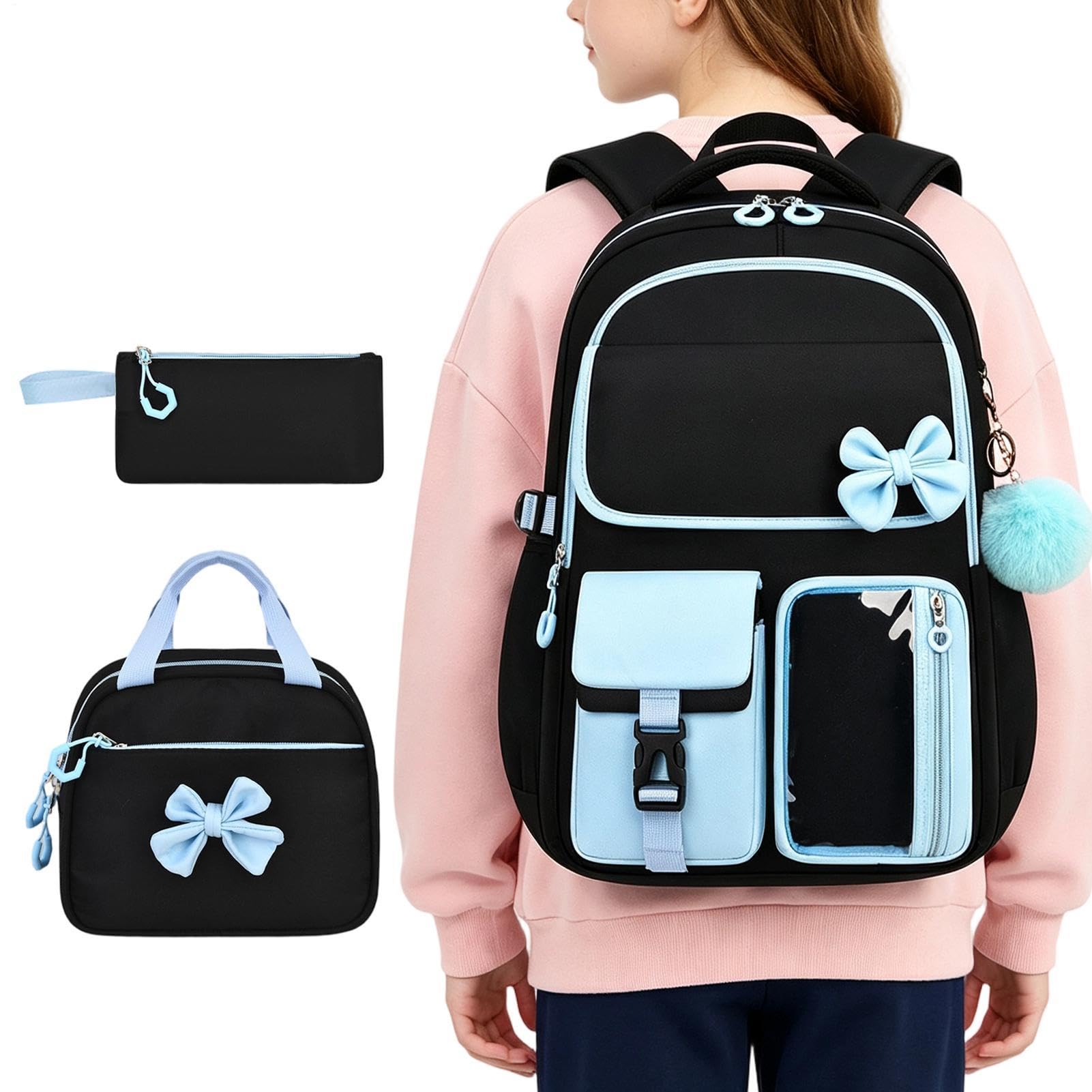 Mädchen Rucksack Mit Lunchbox 3-Teiliges Set Mit Schleife, Niedlich, Und | Lustiger Kinderschulrucksack Für Schüler Schulbücher Schreibwaren Lunch Geldbörse Kleidung