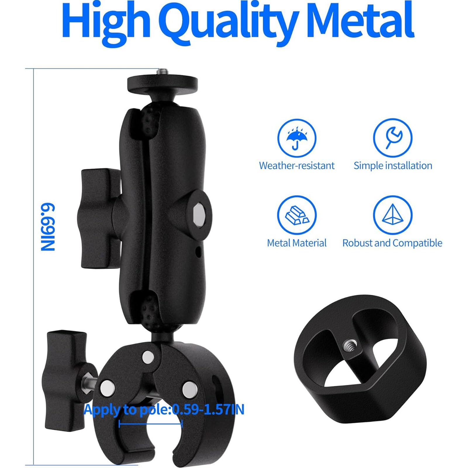 Supporto per Morsetto Satellitare, Filettatura 1/4"-20 e Regolabile a 360° | Anodizzato CNC, Blocco Antioscillazione, Lega di Alluminio, Impugnatura da 0,6" a 1,57", Supporto Satellitare per Barca