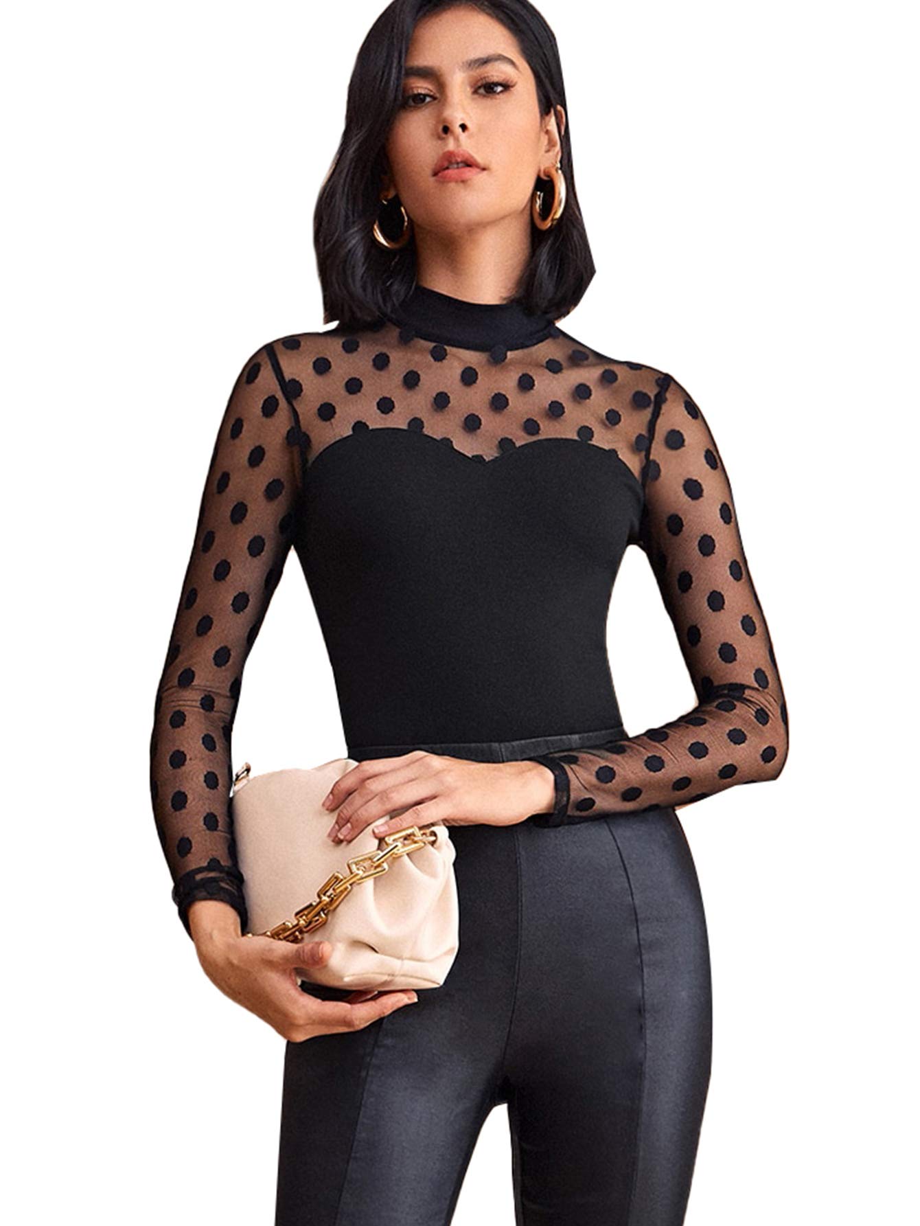 DAZY Women's Polka Dot Semi-Sheer Long Sleeve Crew Neck Base Layer Top