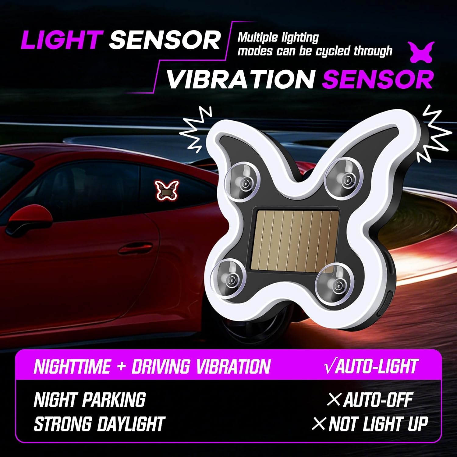 2PCS Car Window Wireless LED Ambient Light Solar Powered Butterfly Shaped Neon Lamp for Night Driving Interior Decor Accessories Romantic Gift for Women Girl-Red