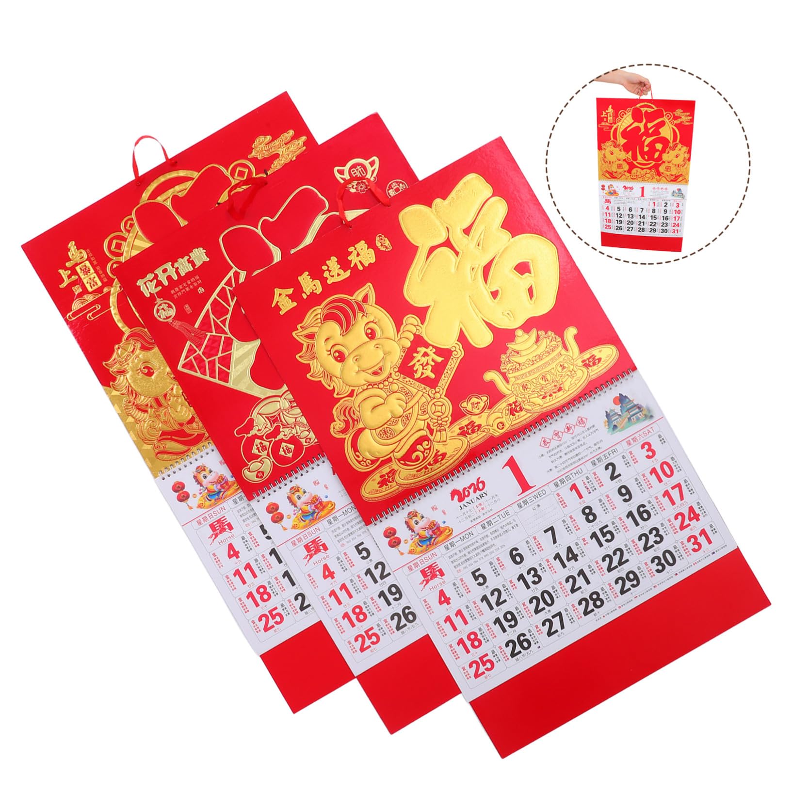 3 piezas Calendario de Pared Chino con Diseño Año del Caballo Calendario Lunar y Gregoriano Completo Acabado Mate Artístico Planificador Mensual Grande para Hogar y Oficina