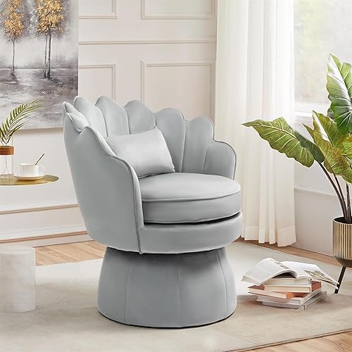 Miniatura 7 de Silla giratoria de 360, silla de barril de terciopelo moderna de mediados de siglo, cómoda silla con brazo en forma de concha con almohada lumbar