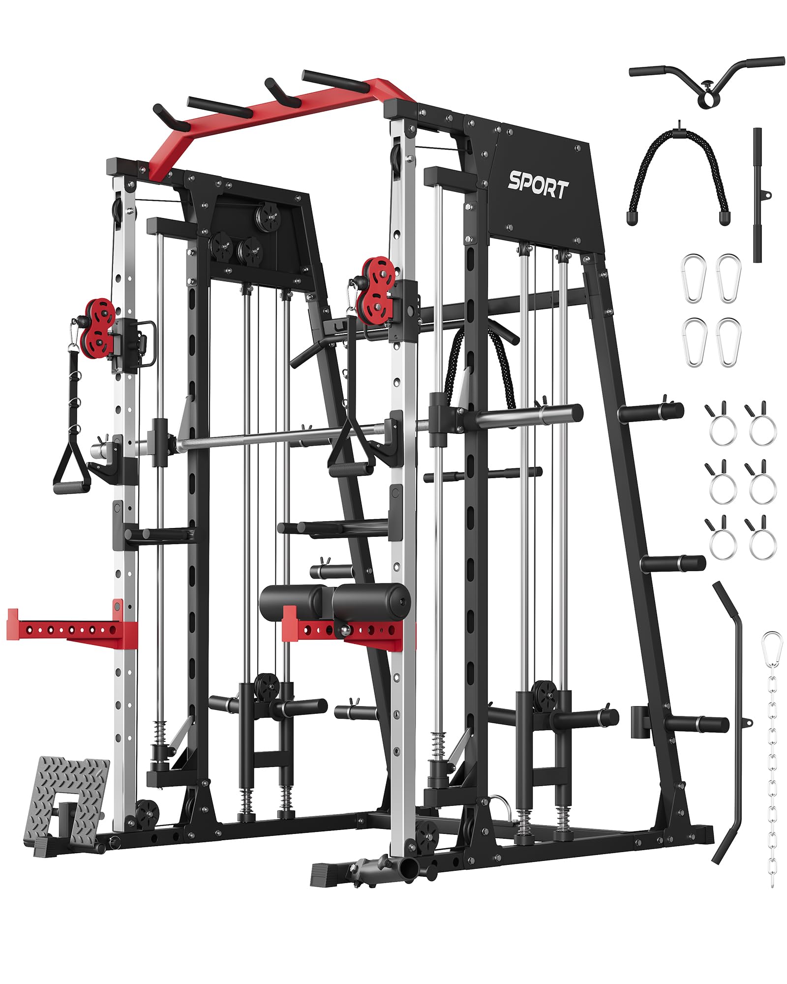 Smith Machine Home Gym All in One, 2200LBS Squat Rack Power Cage with Smith Bar, LAT Pull-Down, Cable Systems, Leg Hold-Down and More Attachments, Workout Equipment (Red Black)