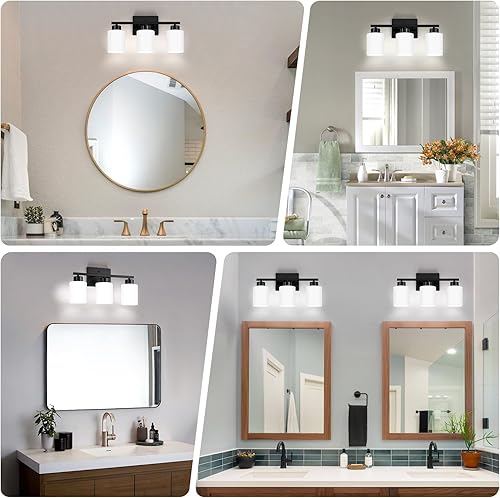 Miniatura 3 de Lámparas de baño color negro, lámpara de tocador moderna de 3 luces sobre espejo, apliques de pared con pantallas de vidrio esmerilado blanco