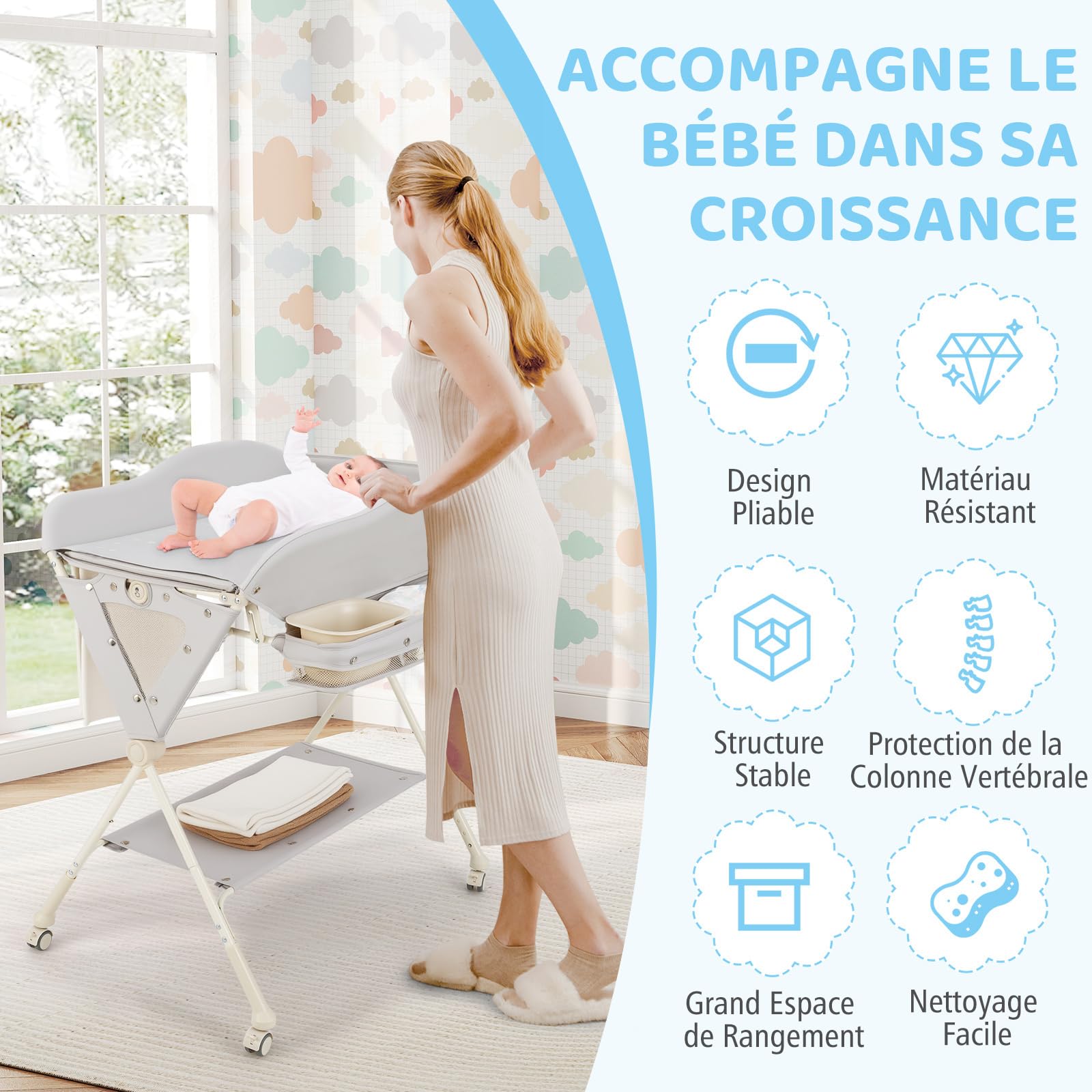 COSTWAY Table à Langer Pliable et Portable, Table a Langer Bébé Charge 11KG avec Bassin d'Eau Panier de Rangement et Ceinture de Sécurité Hauteur 80-85CM Roues Verrouillables (Gris)