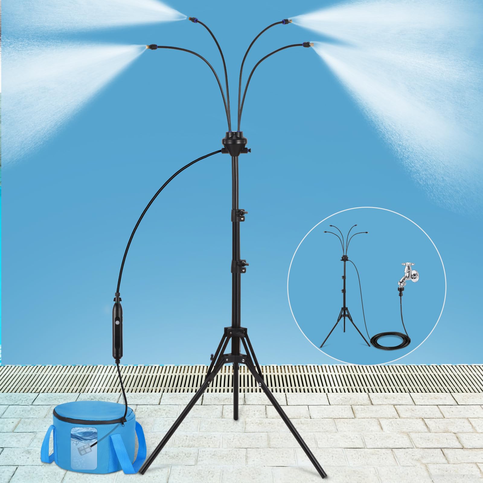 Système de refroidissement brumisateur portable de 15 m – Utilisation avec pompe ou directement au robinet, avec pompe USB rechargeable de 4500 mAh, tuyau de 8 m, sac d'eau de 15 l, brumisateur pour