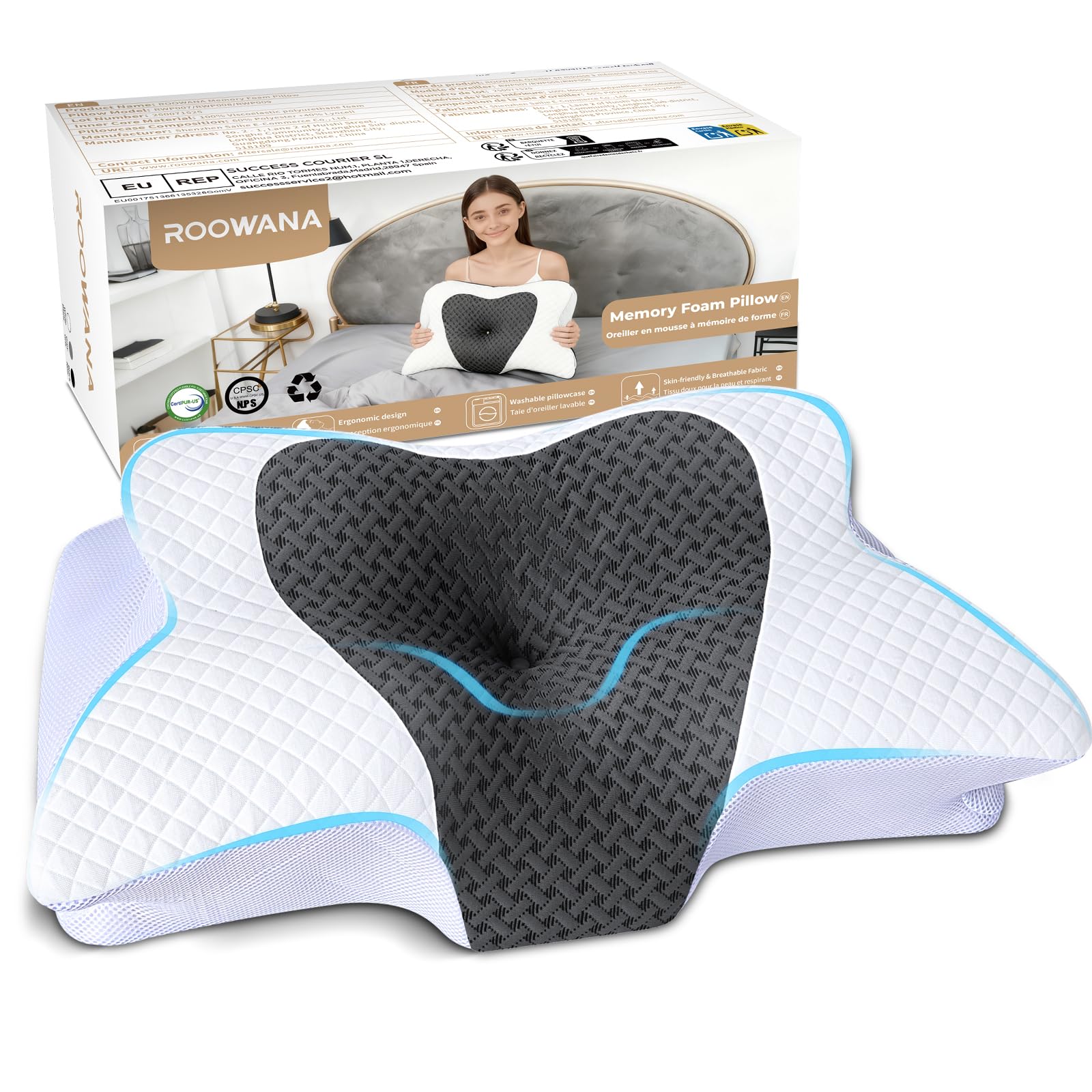 Almohada Cervicales y Cuello, Almohada Cervical de Espuma Viscoelástica, Almohada Ergonómica para Dormir de Lado, Espalda y Boca Abajo, 61,7 x 37 x 13/13,6 cm, Gris