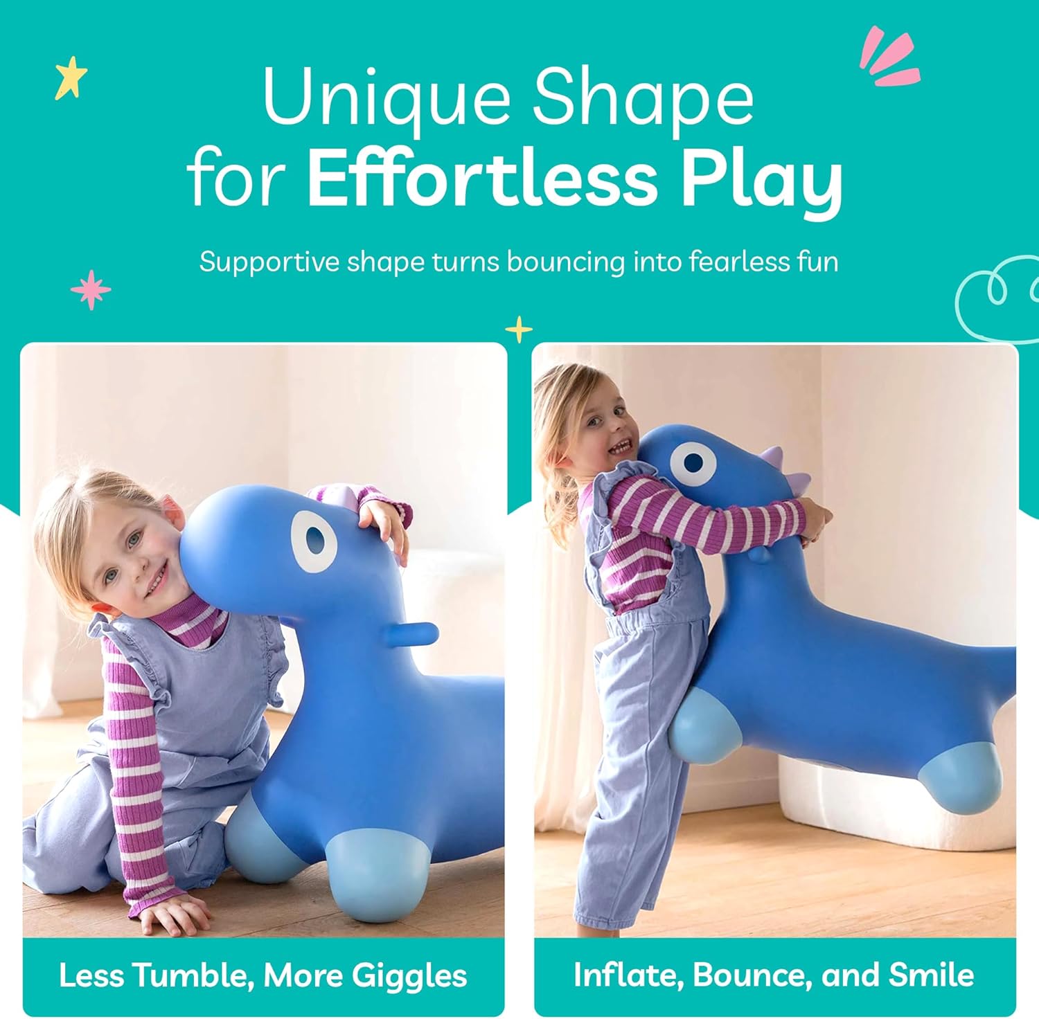 QUUT - Hoppi Dino Jumping - Inflatable Jumping Toy - Dino Rocking - Outdoor and Indoor - Design - Pump Included - Gift - From 18 Months (Cosmic Blue)