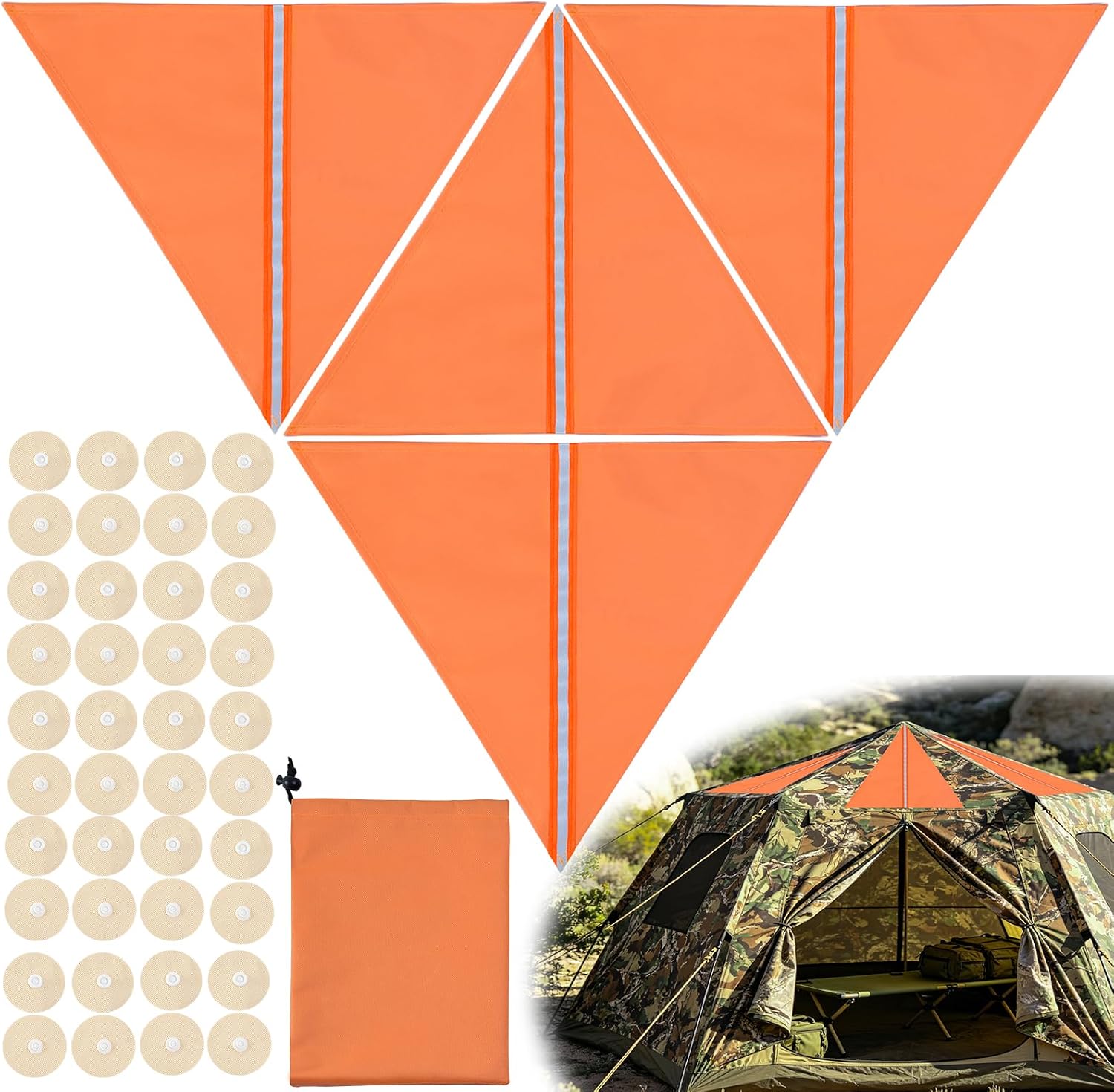 4PCS Upgraded Snap Blaze Orange Hunting Blind Safety Panels for Ground Tent | 18.5" Per Side Waterproof Hunting Blind Orange Marker, High-Visibility Reflective Strip, Lightweight Portable Drawstring Bag