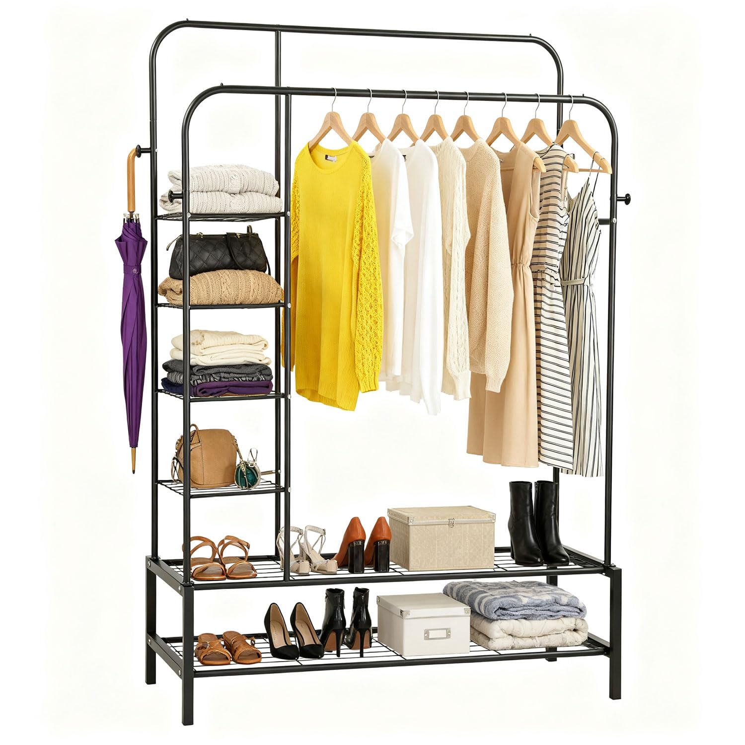Taylor & Brown Heavy Duty Clothes Rail, Black Metal Rack With Double Hanging Clothing Rail, Shoe Rack, Storage Shelves & 4 Coat Hooks, Wardrobe Clothes Rails For Bedroom Office Shop