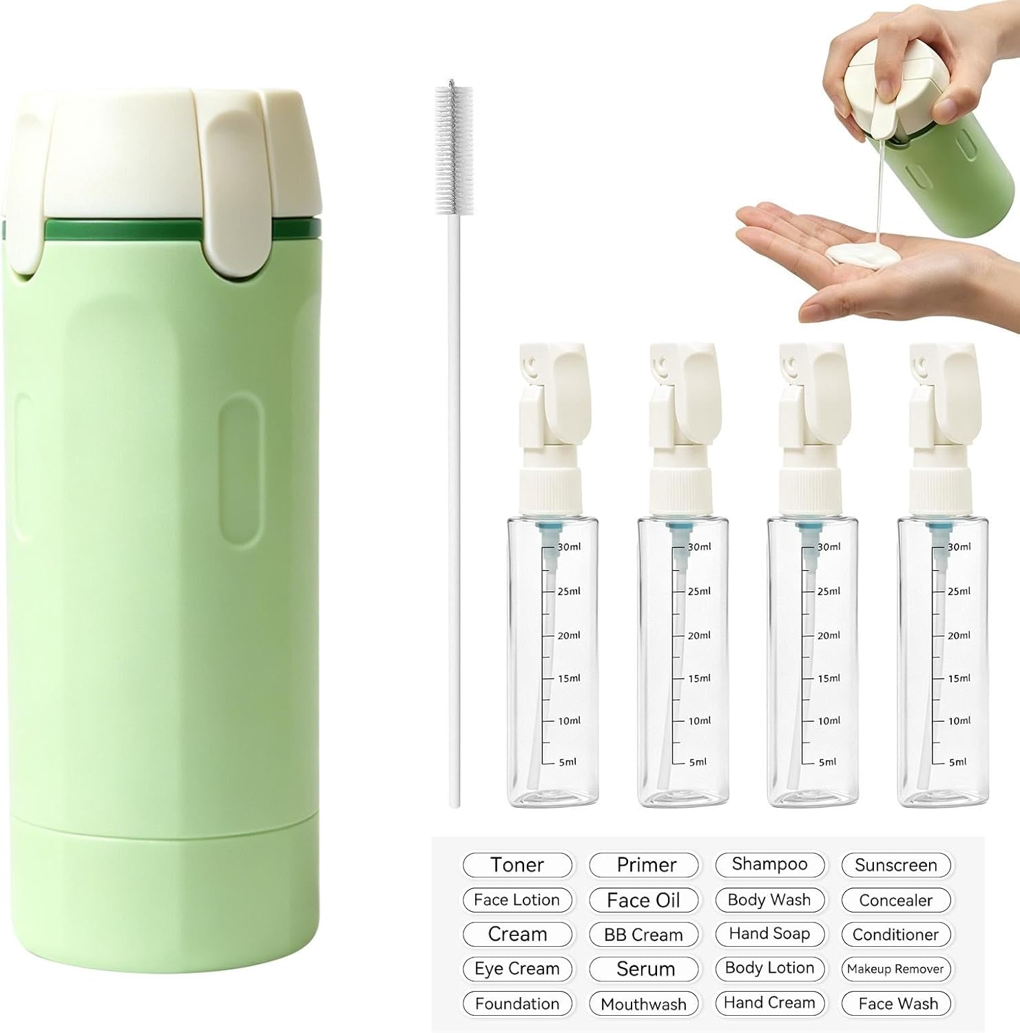 4 in 1 Travel Dispenser Bottles,4 Pack 30ML Leak Proof TSA Compliant Toiletry Containers with Pump,Refillable Portable Bottles for Shampoo,Conditioner,Lotion–Ideal for Vacation,Camping,Business Trip
