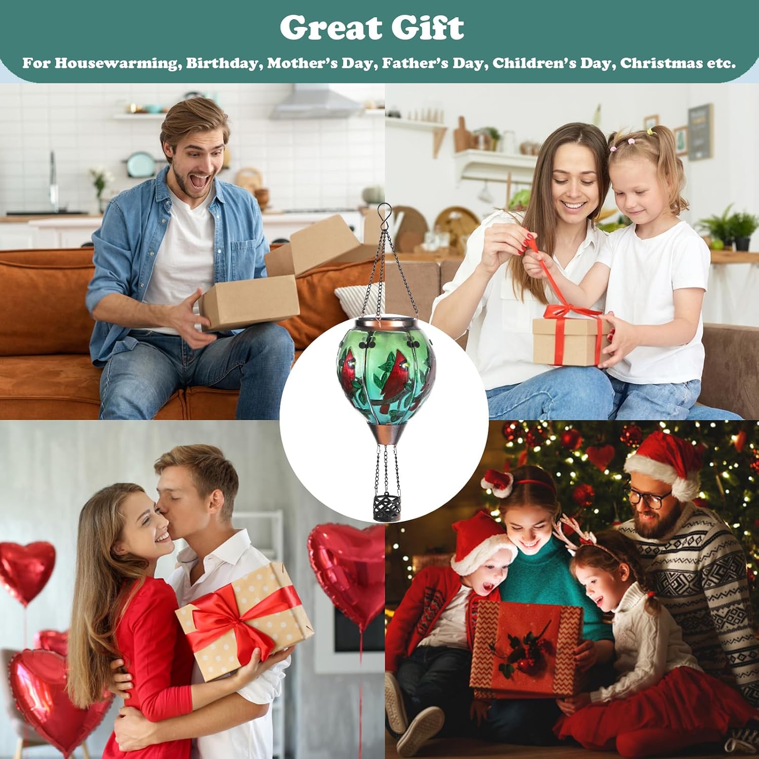 Hot Air Balloon Solar Lantern Flickering Flame Hanging Garden Lights, Glass Outdoor Waterproof Flame Effect Hot Air Balloon Hanging Lantern Gifts for Mom Balcony Yard Party Decorations-Cardinal