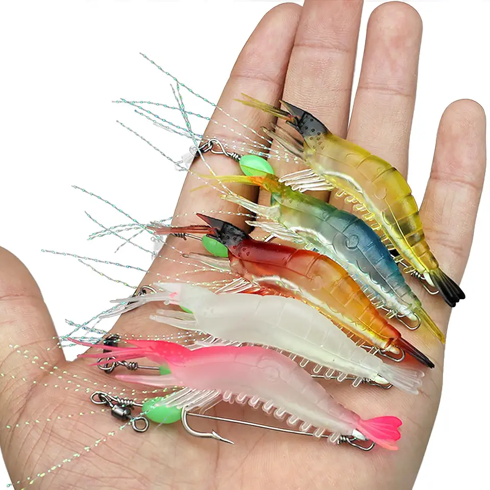 Conjunto de 5 peças de iscas de camarão luminosas macias, 5 cores, iscas de camarão com ganchos, contas para robalo, truta, peixe-gato, salmão, água doce e salgada
