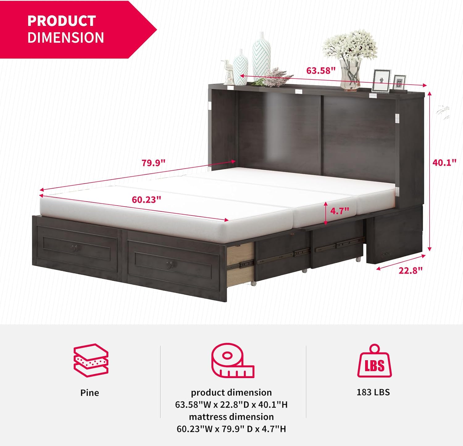 Diagram showing the dimensions of the MUZZ Queen Murphy Bed