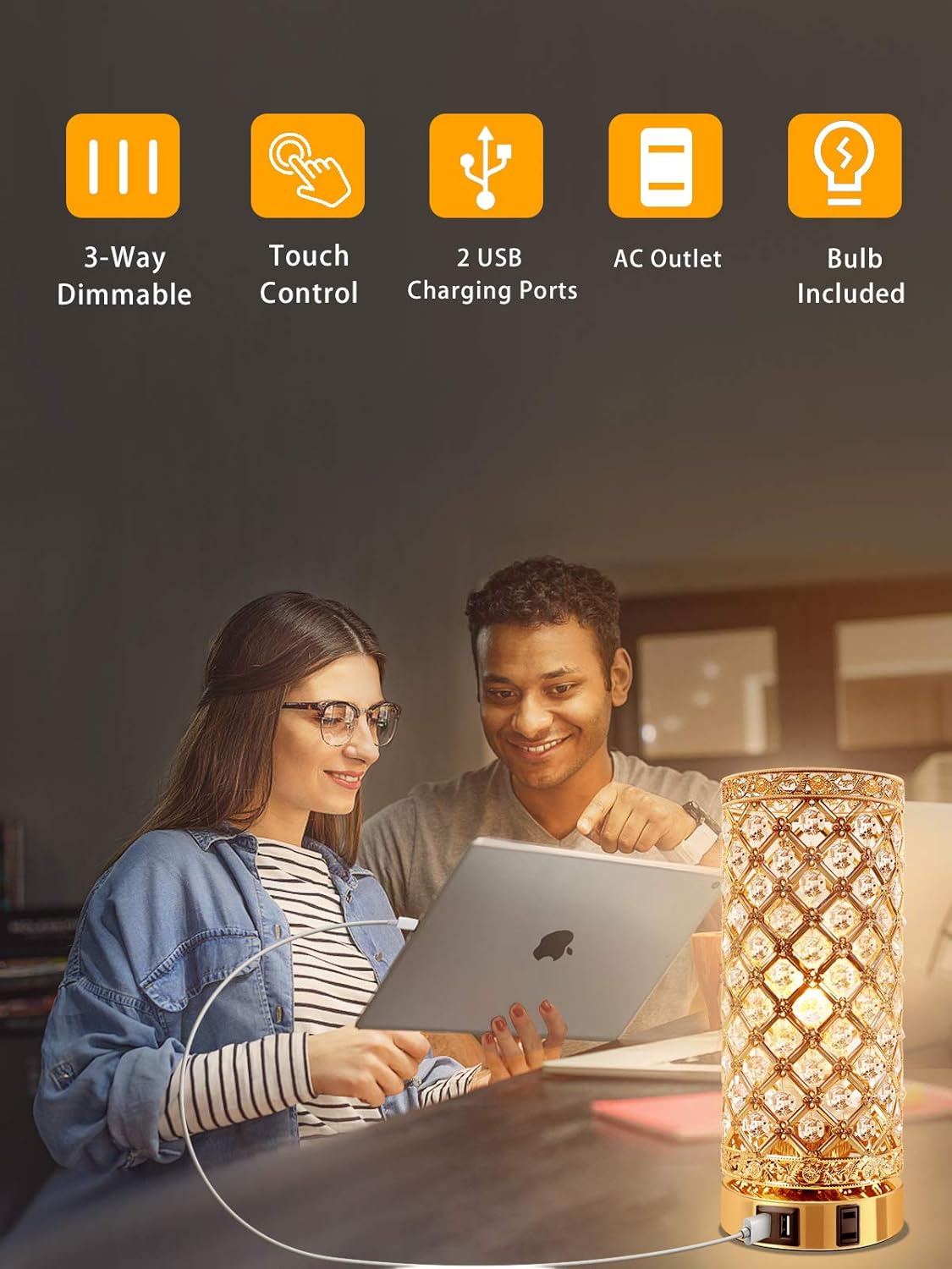 Exсluѕіvе Sресіаl Touch Control Crystal Table Lamp with Dual USB Ports, 3-Way Dimmable Gold Lamp, USB Bedside Light with Crystal Shade, Girls Lamp for Bedroom, Modern Nightstand Lamps for Bedroom Living Room