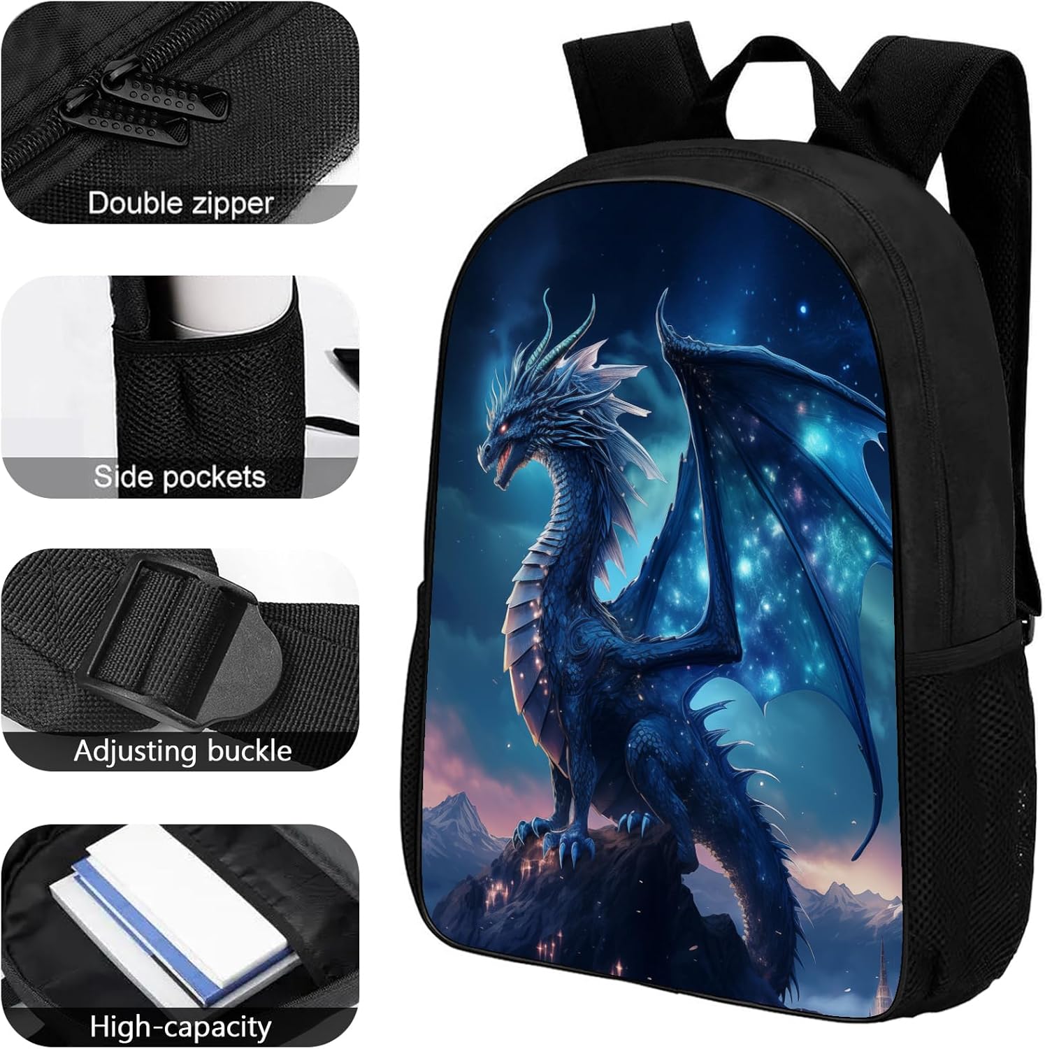 Dragon Backpack Blue Galaxy Dragon Boys School Backpack, Cool Dragons Animal Book Bag for Kindergarten Elementary Middle School Kids, Lightweight Casual Travel Hiking Laptop Daypack, 17" - Image 3
