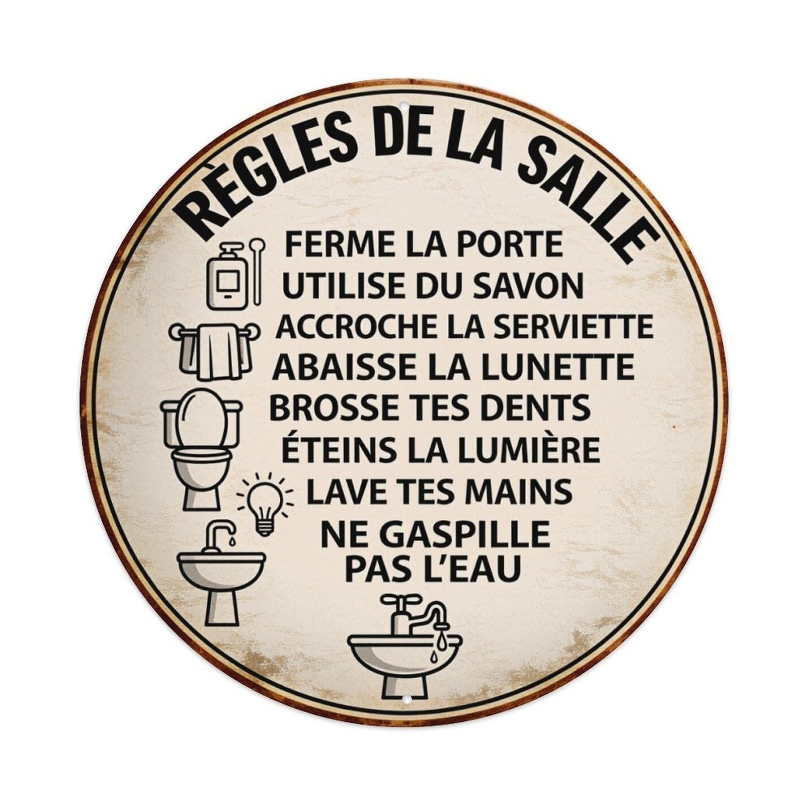 Rules Of The Bathroom Sign With Icons And Text Round Vintage Tin Sign,Retro Wall Art,Metal Poster for Home, Bar, Garage, Cafe, Rustic Indoor & Outdoor Decor, 8x8 Inches