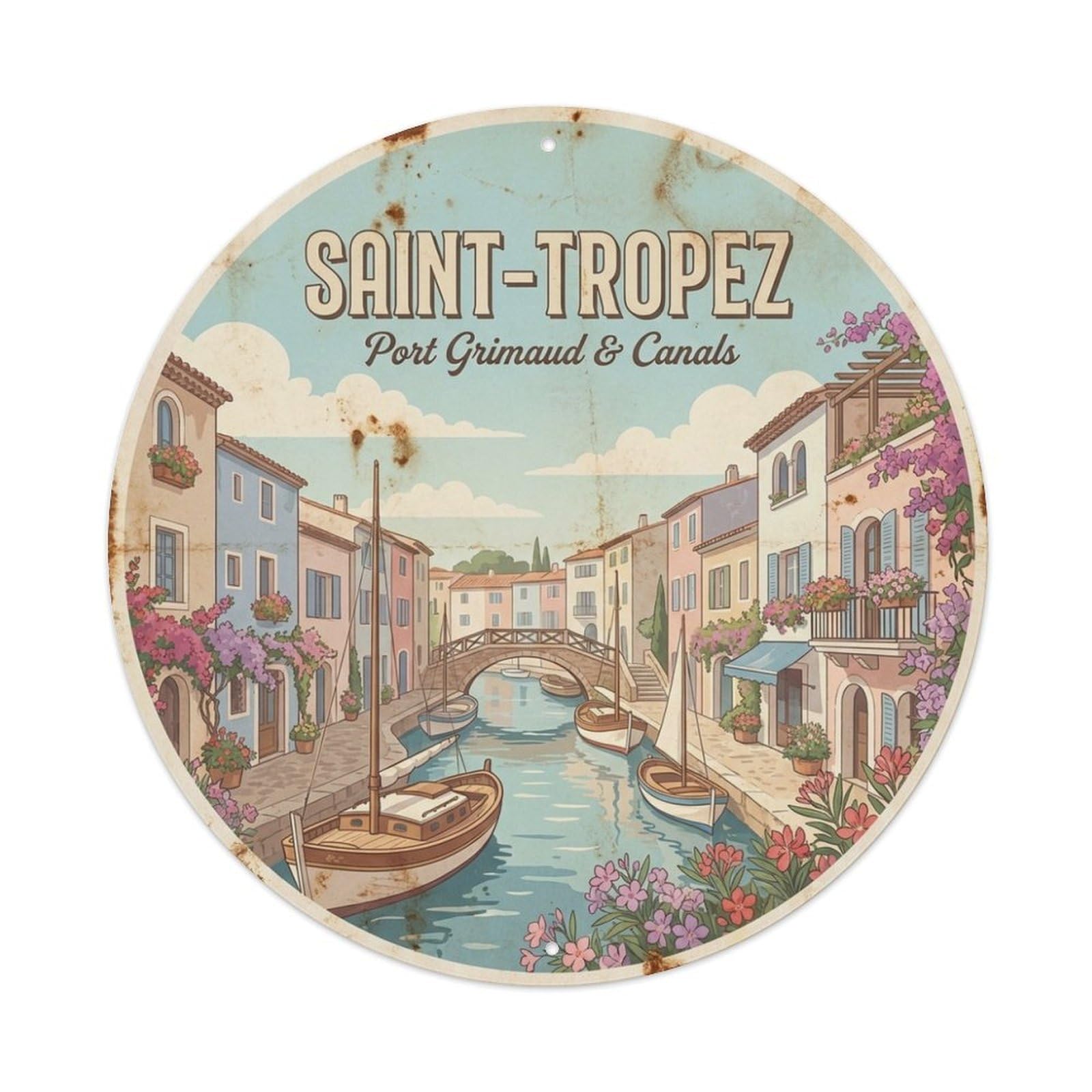 Coastal Travel Old Town Canal Lane Saint Tropez Riviera Metal Tin Sign
