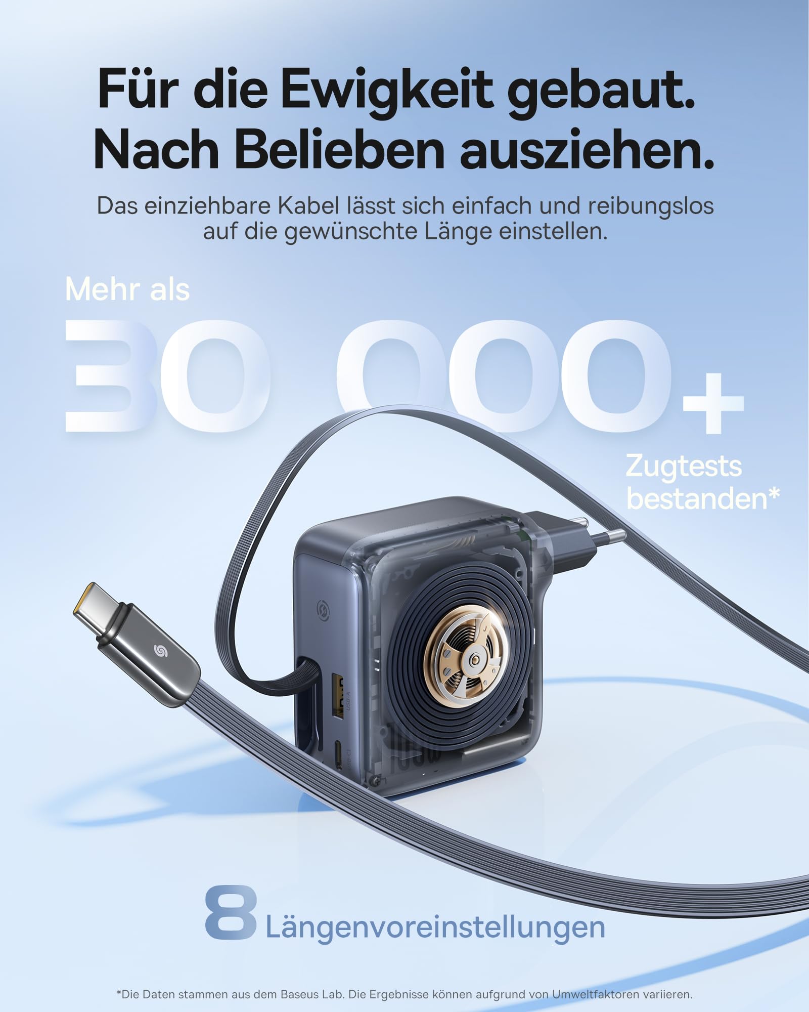 Baseus Enercore USB C Ladegerät 100W mit Ausziehbaren Kabel, 3 Ports GaN Netzteil, PD Schnellladegerät kompatibel mit MacBook Pro Air, Dell, HP, iPad, iPhone 17/16/15/14/13Pro Max Galaxy S25/24Ultra
