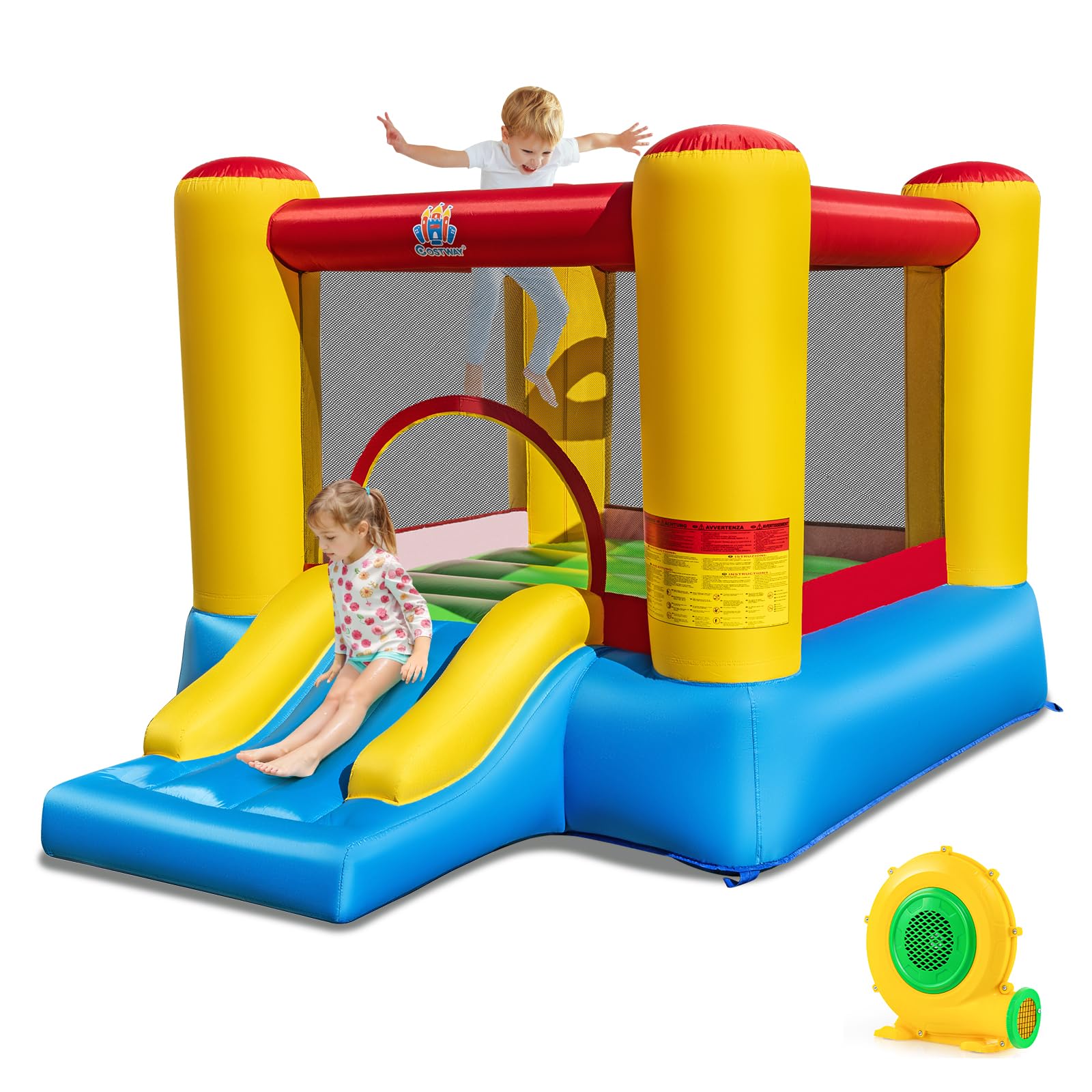 COSTWAY Kids Bouncy Castle, Inflatable Bounce House with Slide, Basketball Hoop, Carrying Bag and Repair Kit, Children Blow Up Jumper for Indoor Outdoor (Basic with 550W Blower)