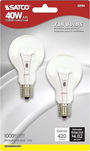 Satco S2744 - Bombilla A15 de 120 V, base intermedia, 40 W, transparente, color blanco