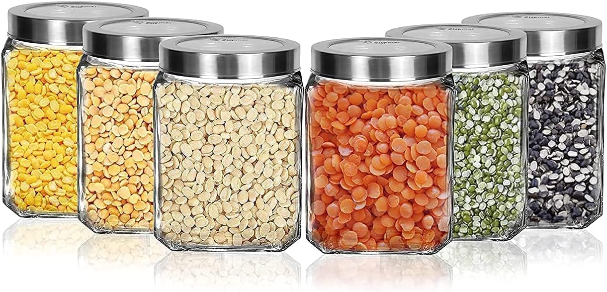 - Vency Piramal Glass Cubical Square Transparent Glass Jars & Containers for Kitchen Pantry, Snacks, Masala, Jams, Pickles, Cookies, Dry Fruits, Coffee Beans Storage with Lid (600ml, Set Of 6)