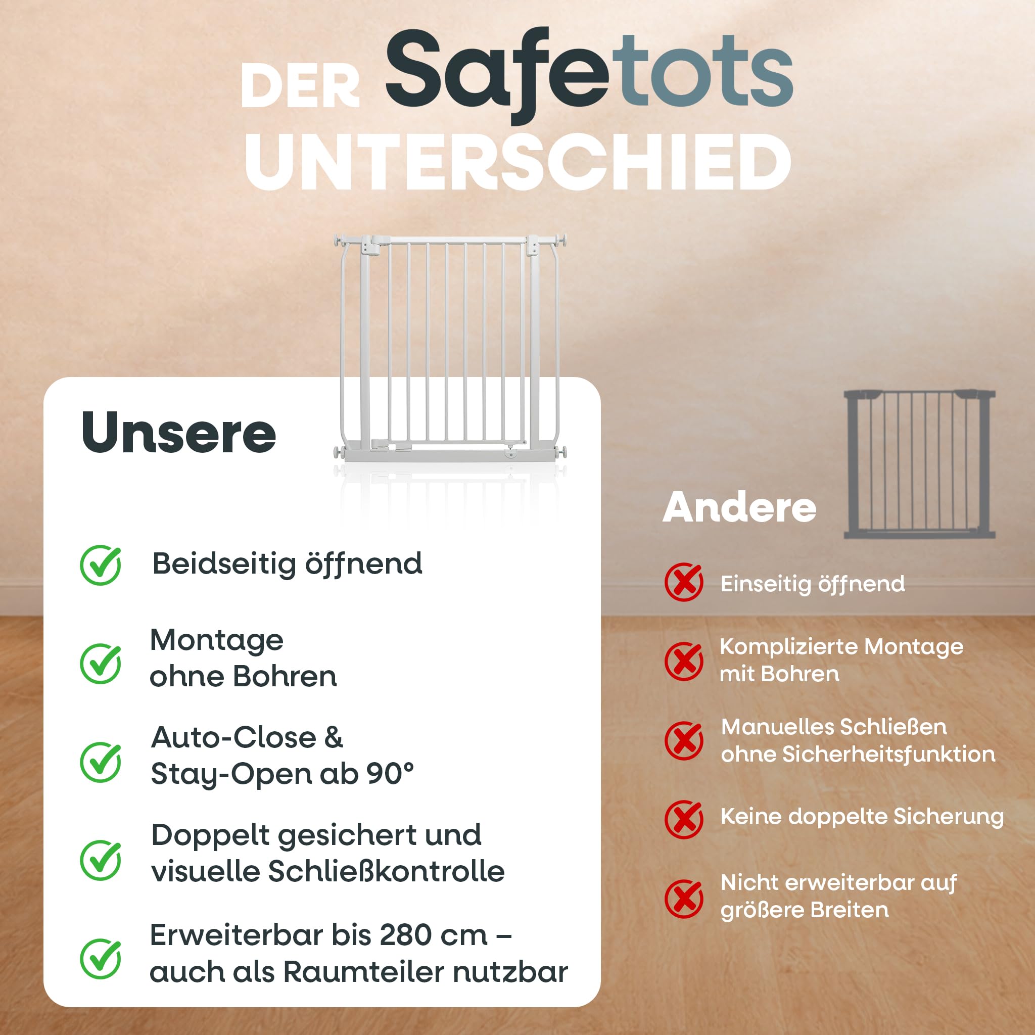 Safetots Elite Pressure Treppenschutzgitter Weiß – Ohne Bohren – Auto-Close & Stay-Open ab 90° – Extra breit bis 71cm-80cm – Beidseitig öffnend – Hochwertiges Sicherheitsgitter für Kinder & Haustiere