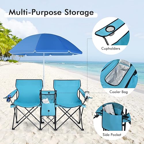 Miniatura 6 de Giantex Sillas de camping dobles plegables de picnic con bolsa de transporte extraíble para sombrilla y bolsa de transporte, portavasos para patio,