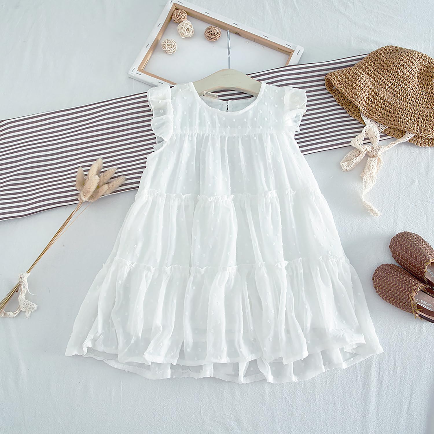 Vestido de fiesta plisado con volantes para niñas pequeñas, sin mangas, diseño de lunares suizos, talla 1-6T, Vestido de gasa blanco con lunares suizos, 12-24 meses