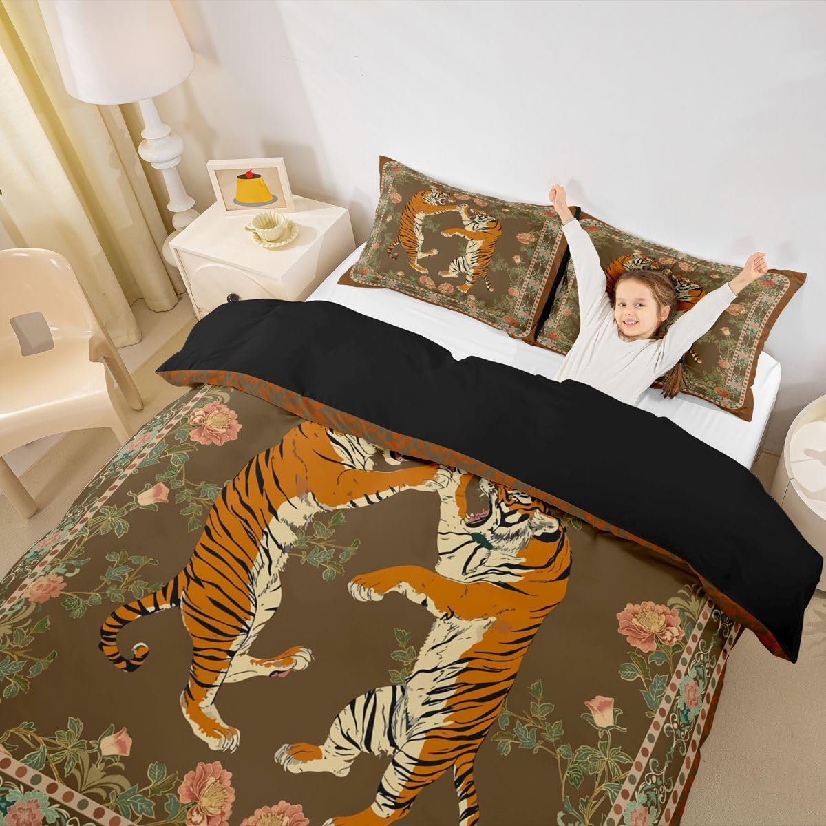 Homewish Vintage tygrys kwiatowy super king poszewka na kołdrę zaciekłe symetryczne zwierzę zestaw pościeli ozdobna botaniczna poszewka na kołdrę boho dżungla estetyczna brązowa żółta zestawy łóżek