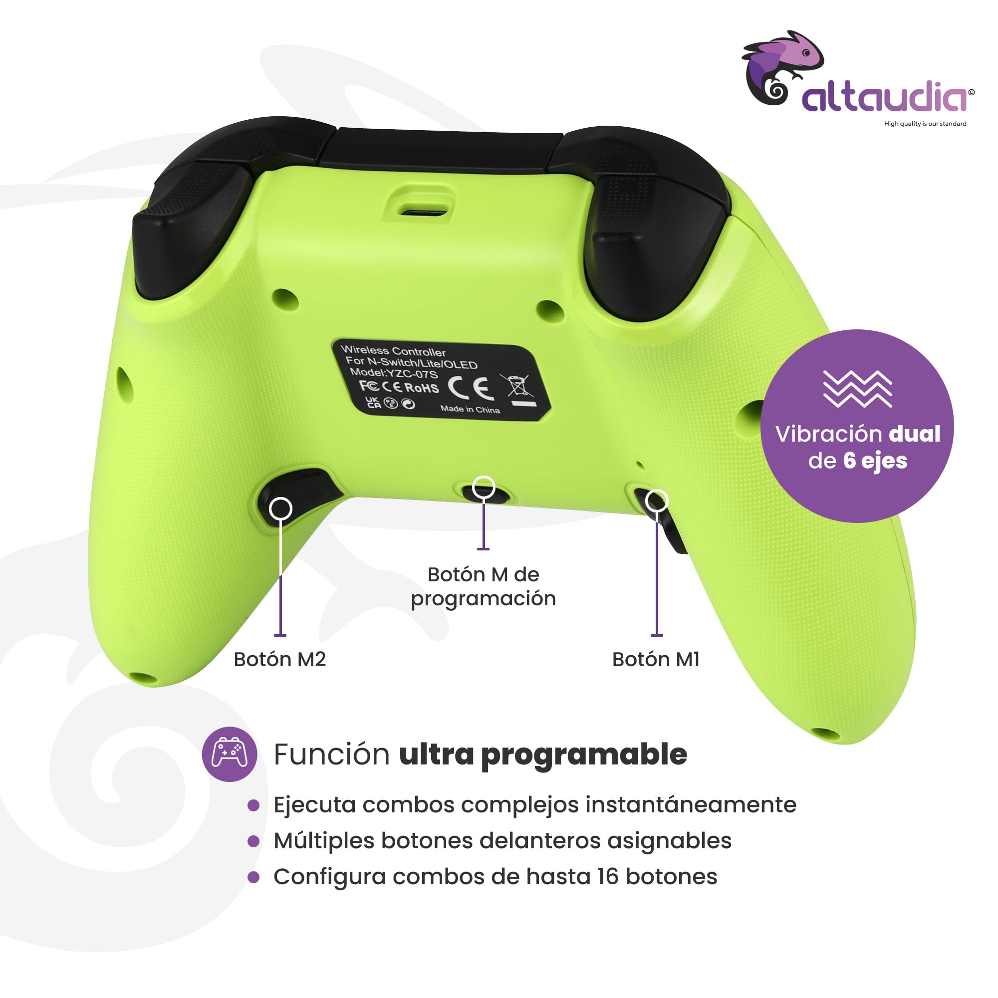 Altaudia Mando Inalámbrico Bluetooth para PC - Compatible con PC, Switch/Smartphone Android y iOS, Conexión USB, 2 Botones Macro, Vibración Dual, 6 Ejes, Luces LED RGB, Color Verde