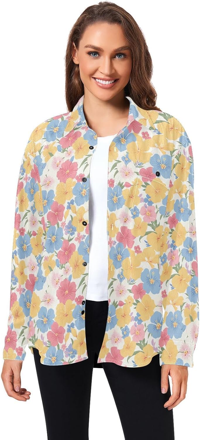 KLL Flower Pink Yellow Womens Men's Cotton Rugby Shirts Sports Long Sleeve Blouses