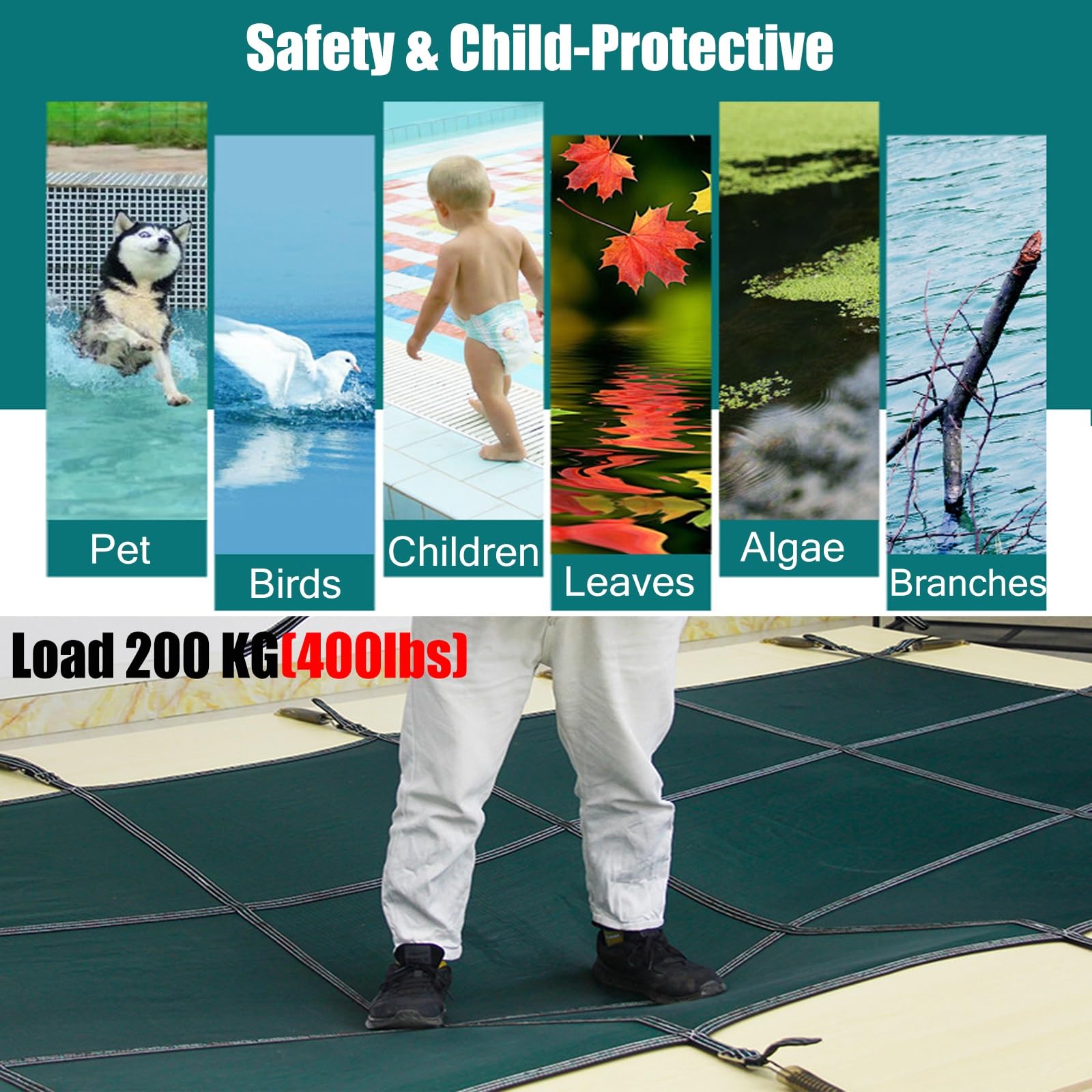 Bâche de sécurité durable pour animaux de compagnie et enfants, protection en maille robuste qui empêche les feuilles et les débris, supporte jusqu'à 200 kg