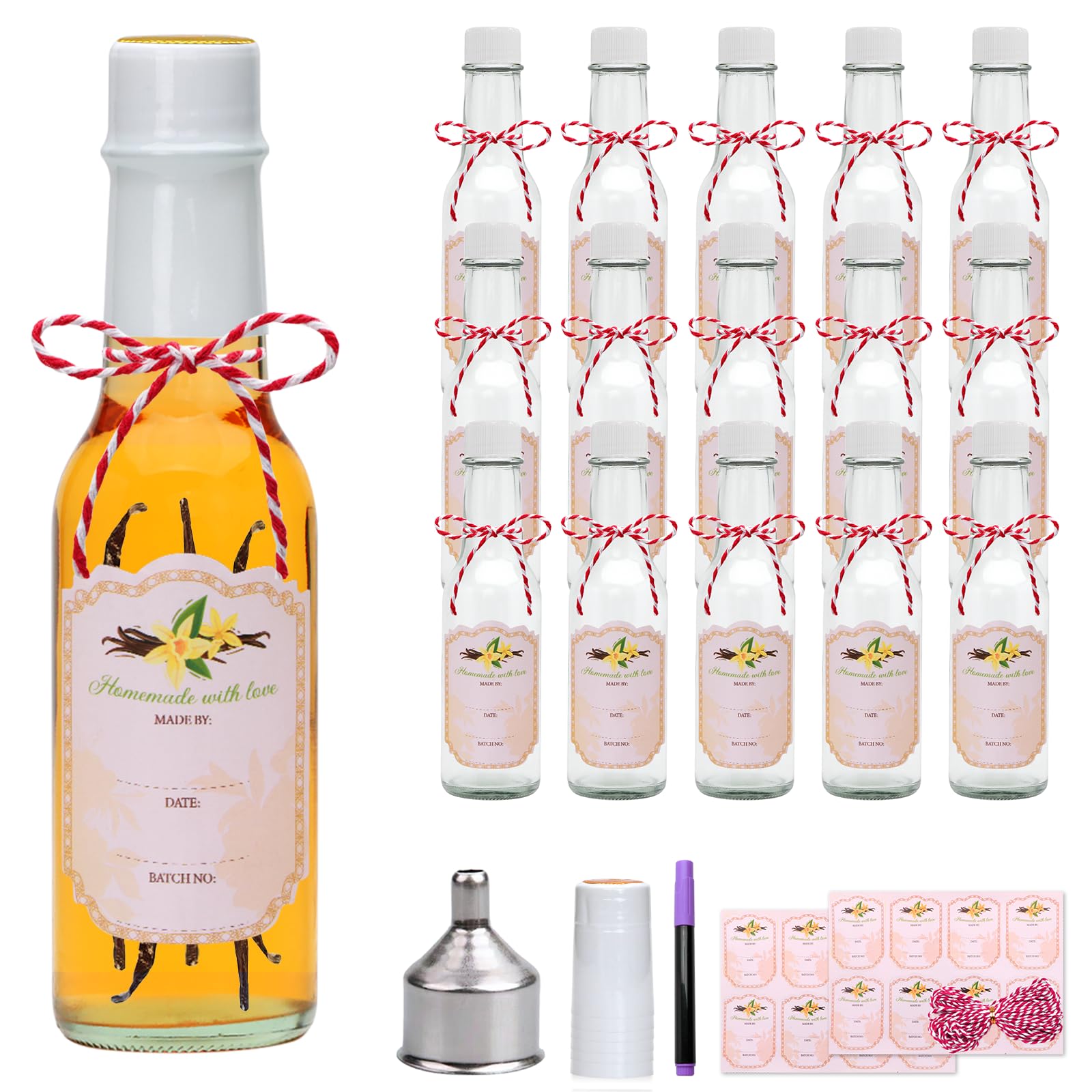 Woozy 5oz Clear Glass Hot Sauce Bottles With Shrink Capsules And White Lids For Bottling, Vanilla Extract, Set Of 16