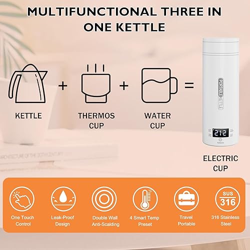 Miniatura 3 de Hervidor eléctrico portátil, hervidor de viaje, pequeño hervidor de té portátil, caldera de agua caliente, mini hervidor de agua de acero inoxidable