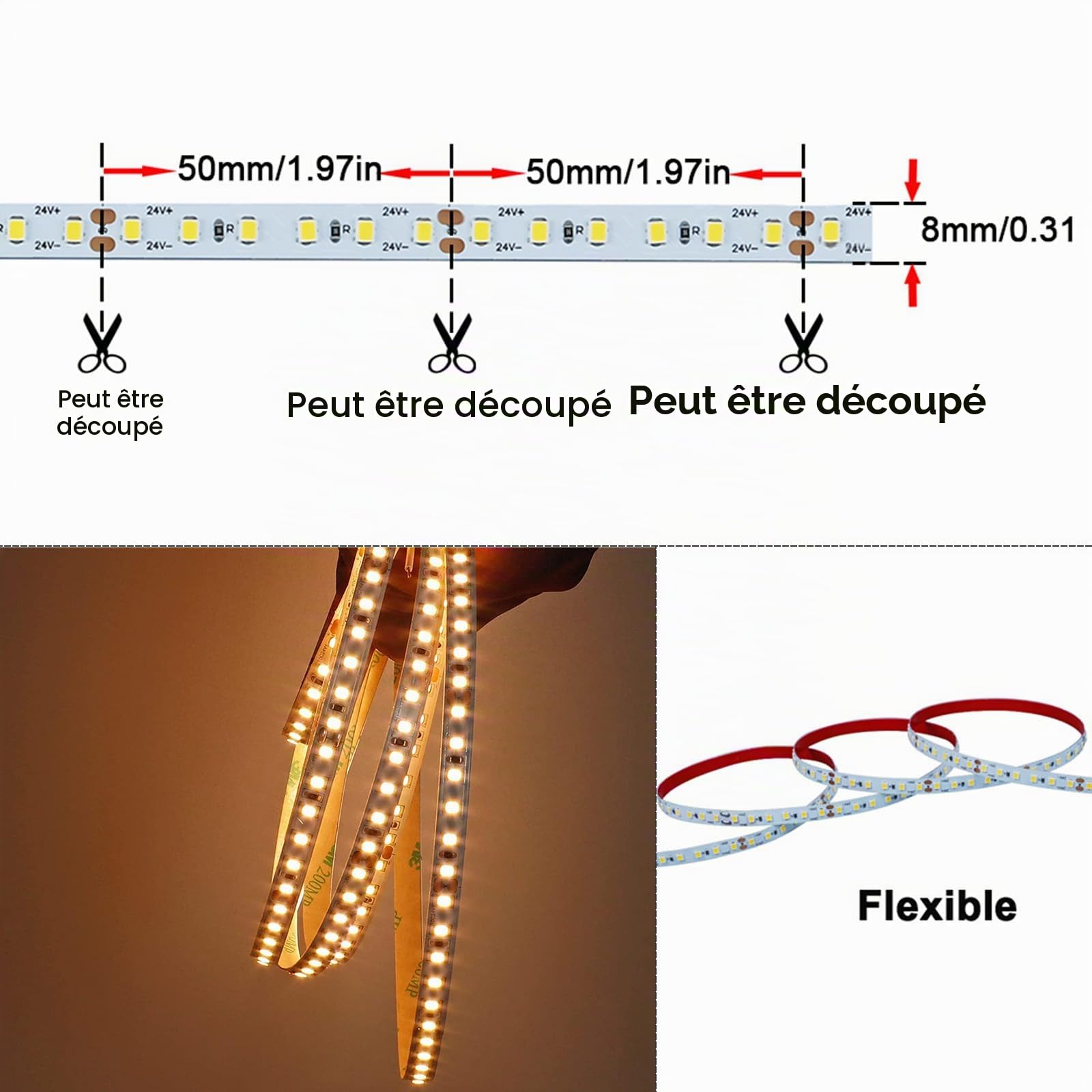 GOMING 24V 20M Ruban à LED Blanc Chaud 3000K Haute Densité 2400LED 2835SMD