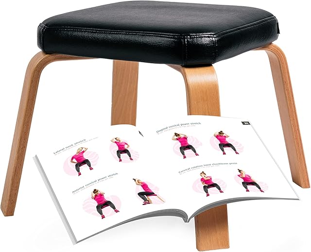 Karmic Wood Foot Stool Ottoman Pouffes Footstool for Living Room Comfortable Padded Legrest Elderly Non Slip Stable Square Foot Rest Faux Leather (Black Top with Natur Frame Colour)